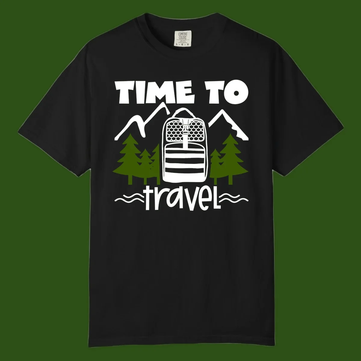 Time to travel backpack design with snow mountains, pine trees, and wavy water lines on gray background