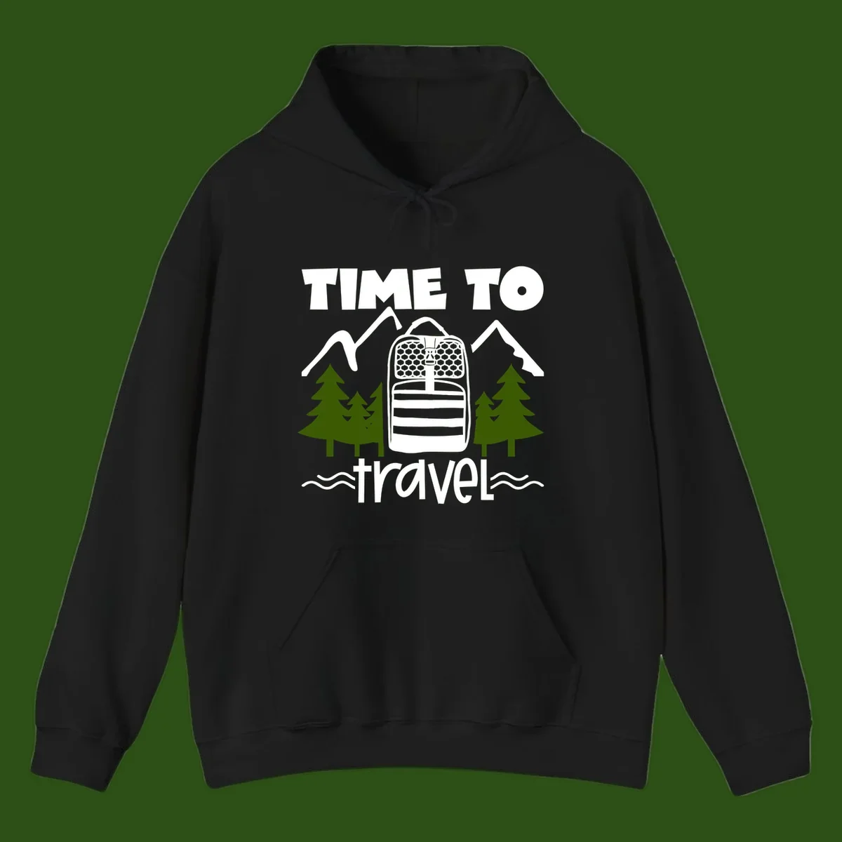 Time to travel backpack design with snow mountains, pine trees, and wavy water lines on gray background