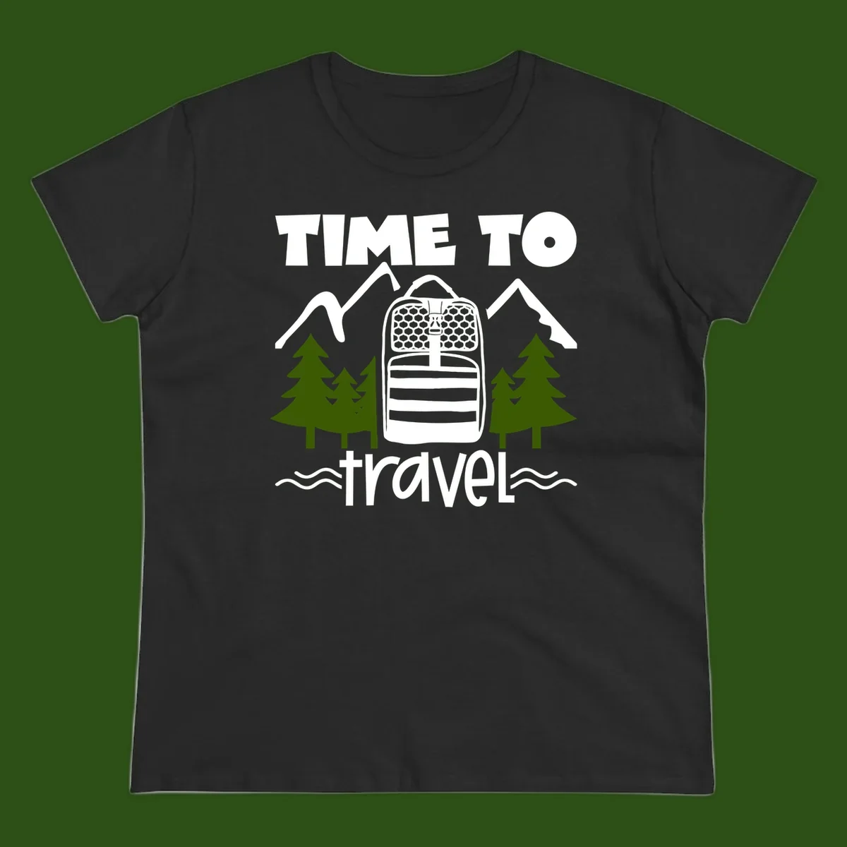 Time to travel backpack design with snow mountains, pine trees, and wavy water lines on gray background
