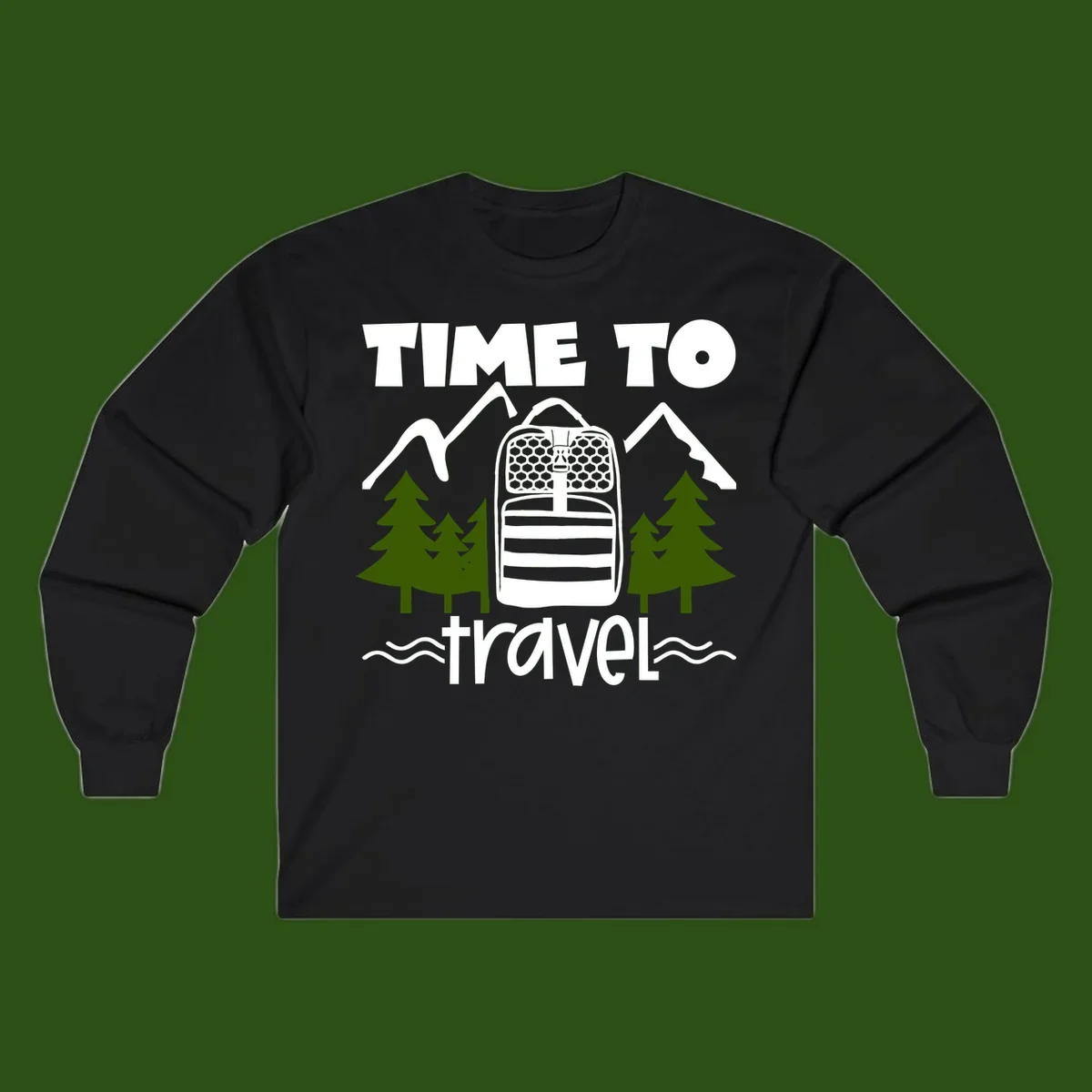 Time to travel backpack design with snow mountains, pine trees, and wavy water lines on gray background