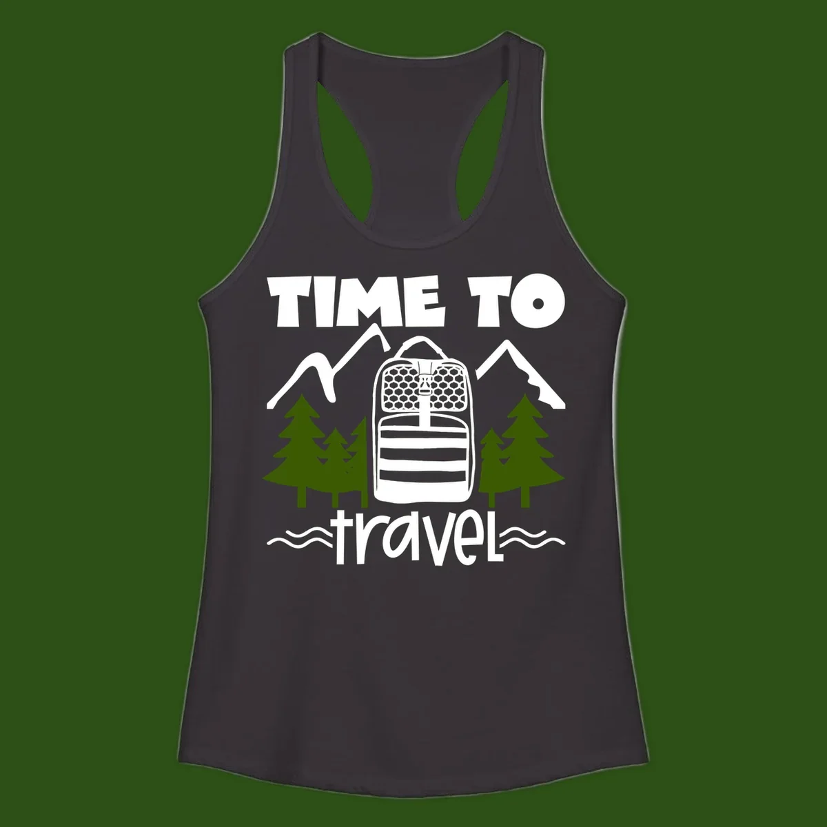Time to travel backpack design with snow mountains, pine trees, and wavy water lines on gray background
