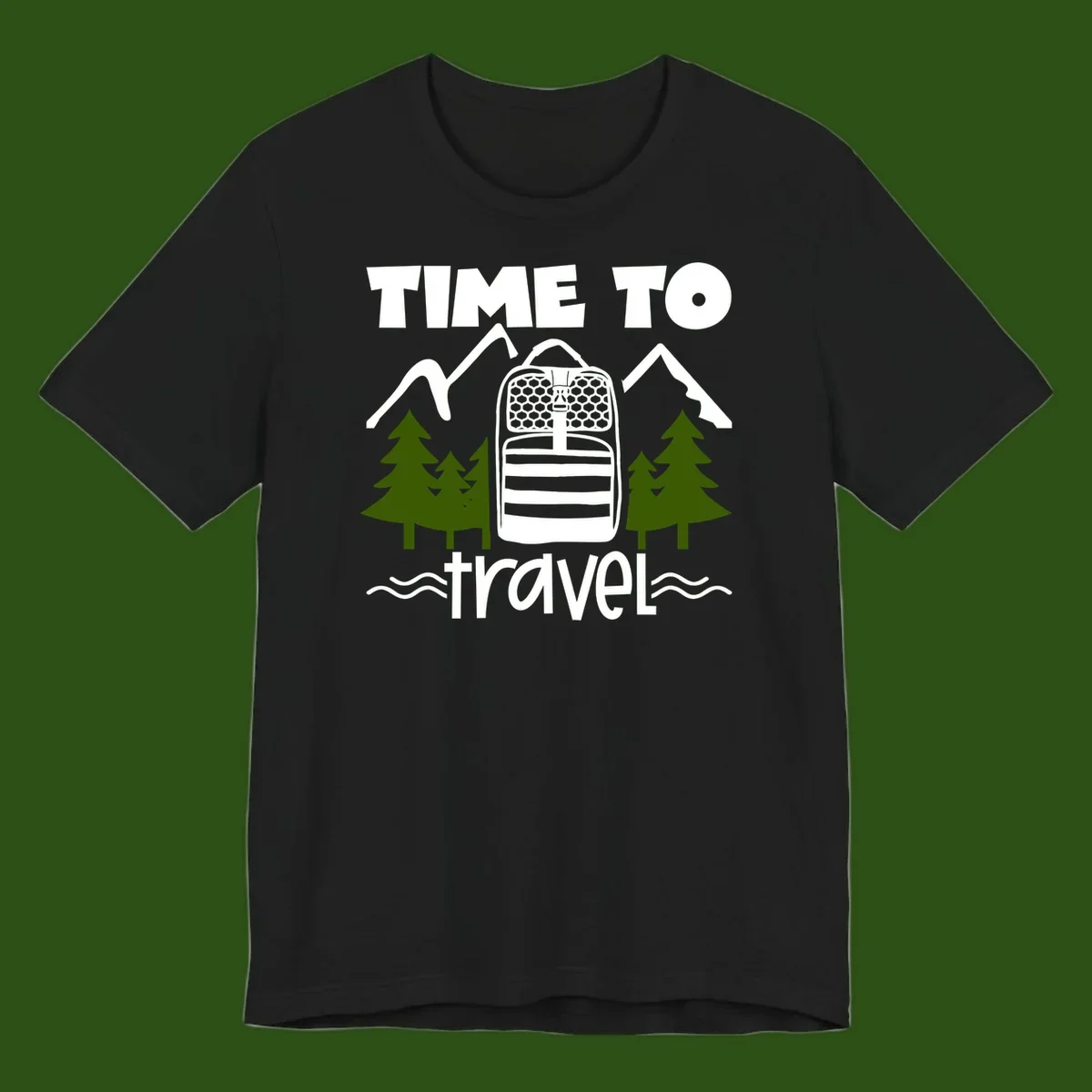 Time to travel backpack design with snow mountains, pine trees, and wavy water lines on gray background