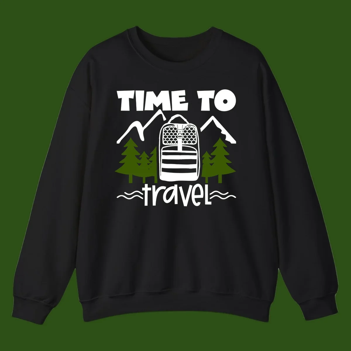 Time to travel backpack design with snow mountains, pine trees, and wavy water lines on gray background
