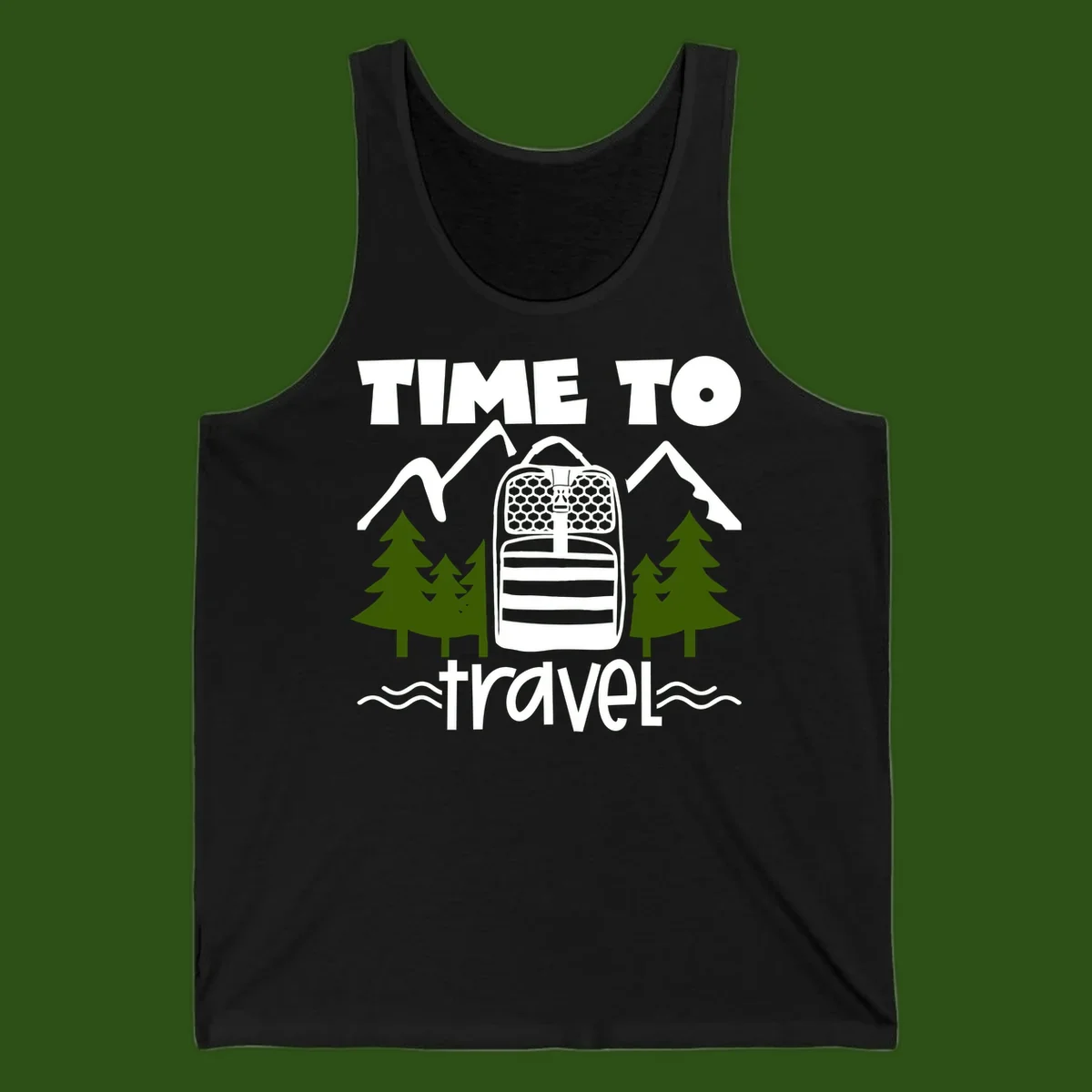 Time to travel backpack design with snow mountains, pine trees, and wavy water lines on gray background