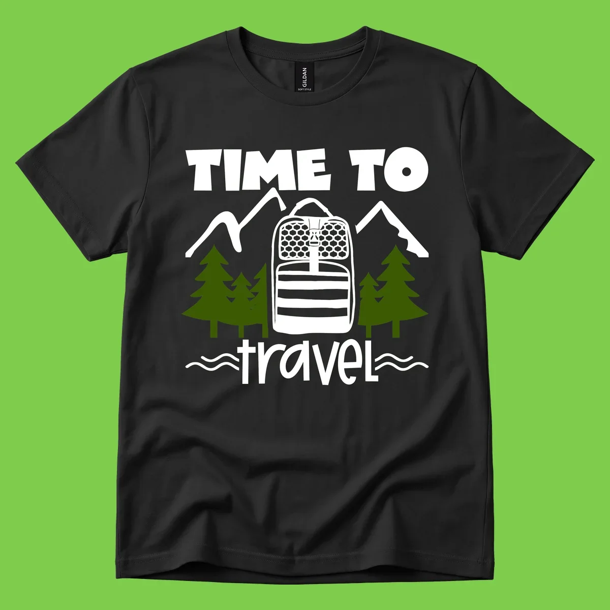 Time to travel backpack design with snow mountains, pine trees, and wavy water lines on gray background