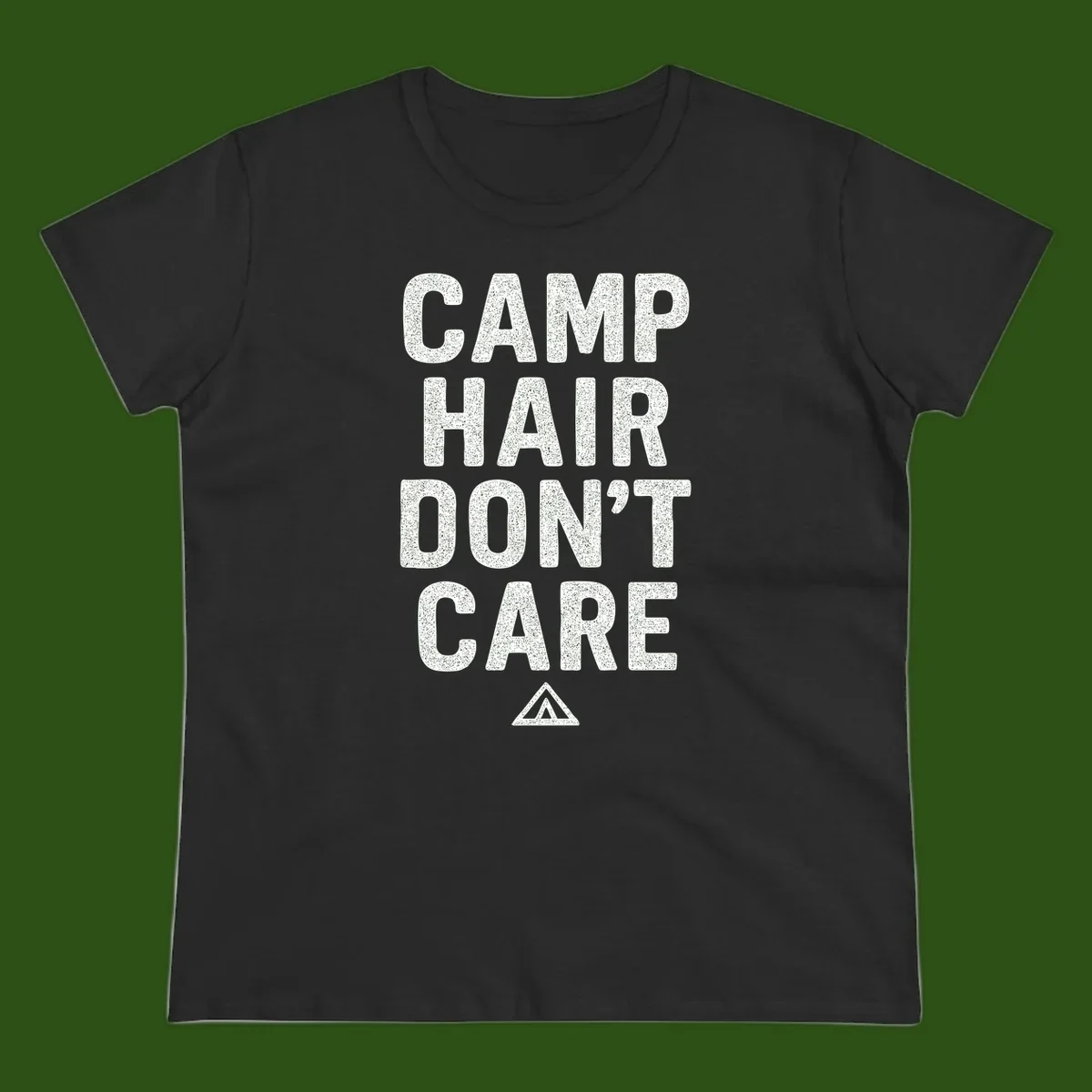 White speckled text reading 'Camp Hair Don't Care' with triangle symbol on gray background