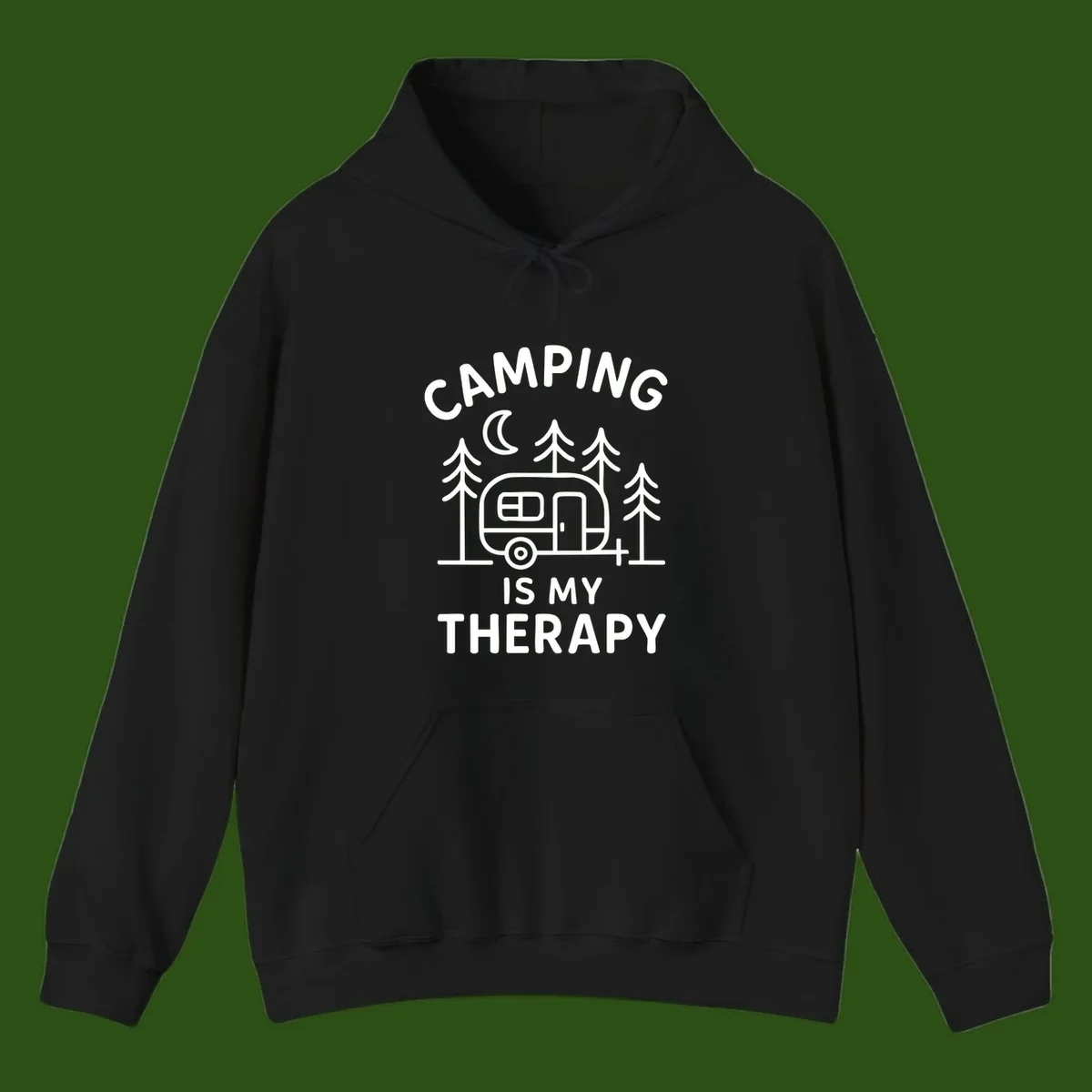 Camping therapy design with travel trailer, pine trees, and moon under text reading 'Camping Is My Therapy'