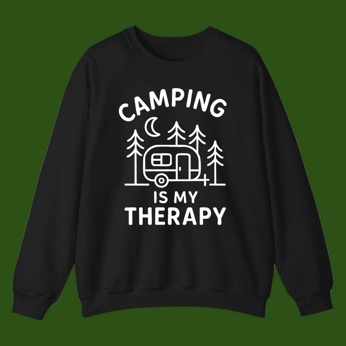 Camping therapy design with travel trailer, pine trees, and moon under text reading 'Camping Is My Therapy'