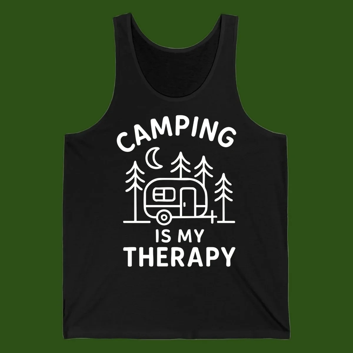 Camping therapy design with travel trailer, pine trees, and moon under text reading 'Camping Is My Therapy'