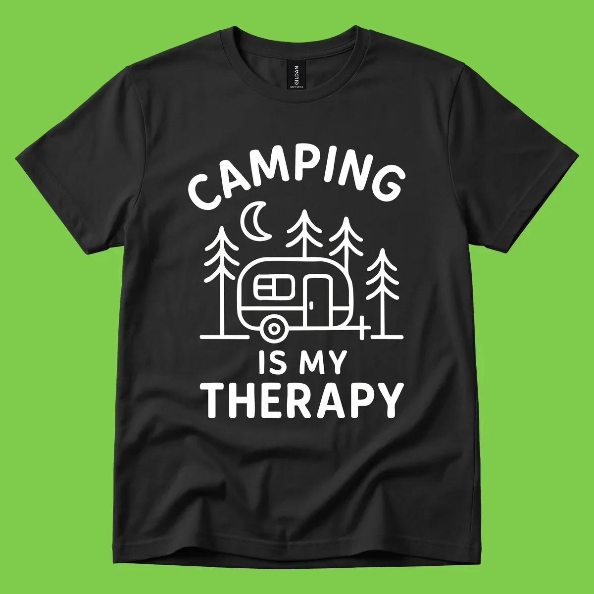 Camping therapy design with travel trailer, pine trees, and moon under text reading 'Camping Is My Therapy'