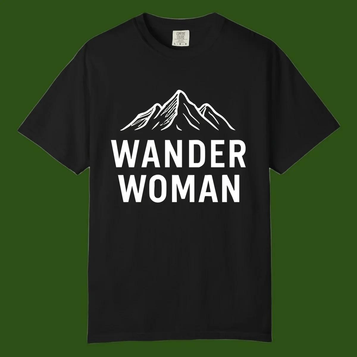 Wander woman mountain design featuring minimalist snow-capped peaks in white line art on gray background