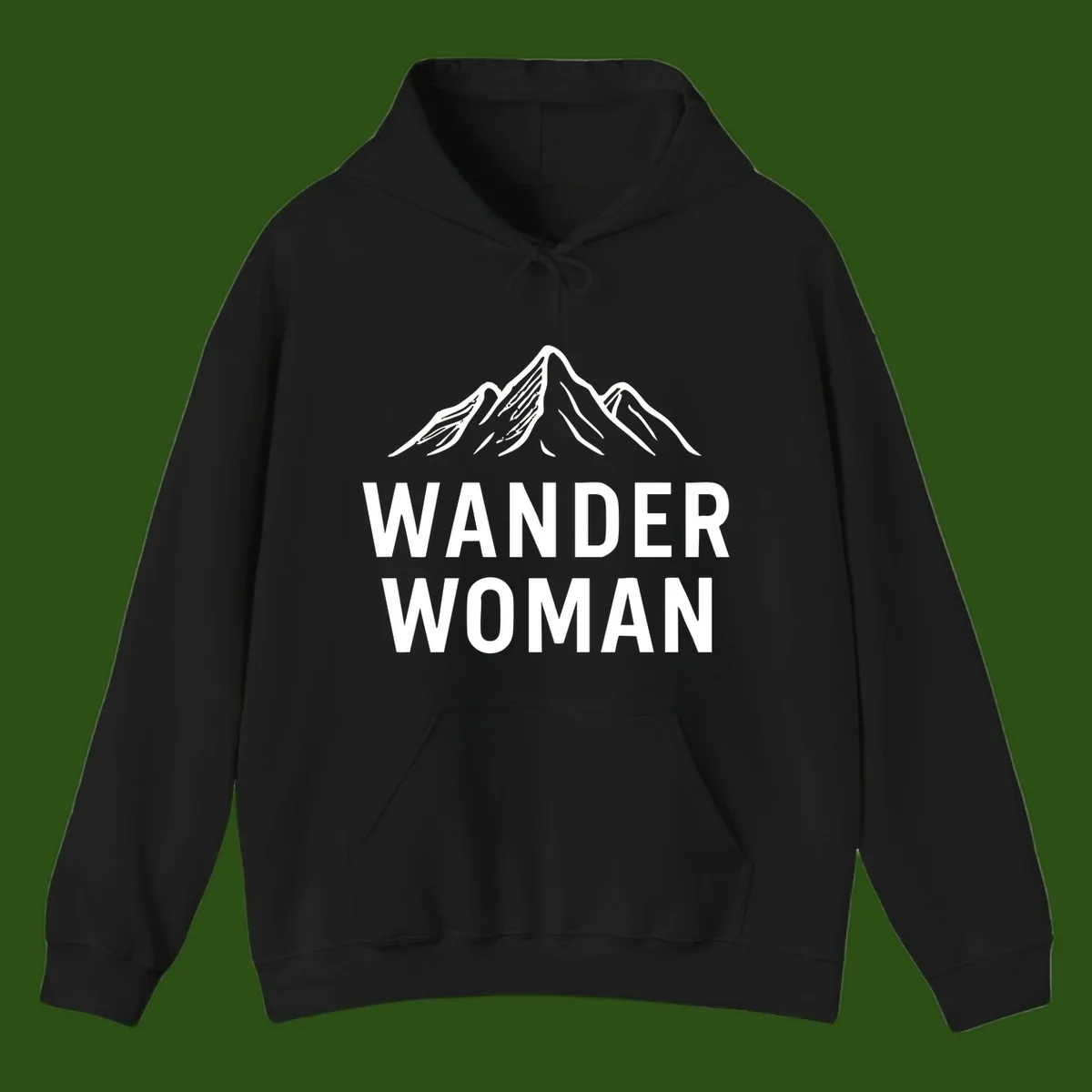 Wander woman mountain design featuring minimalist snow-capped peaks in white line art on gray background