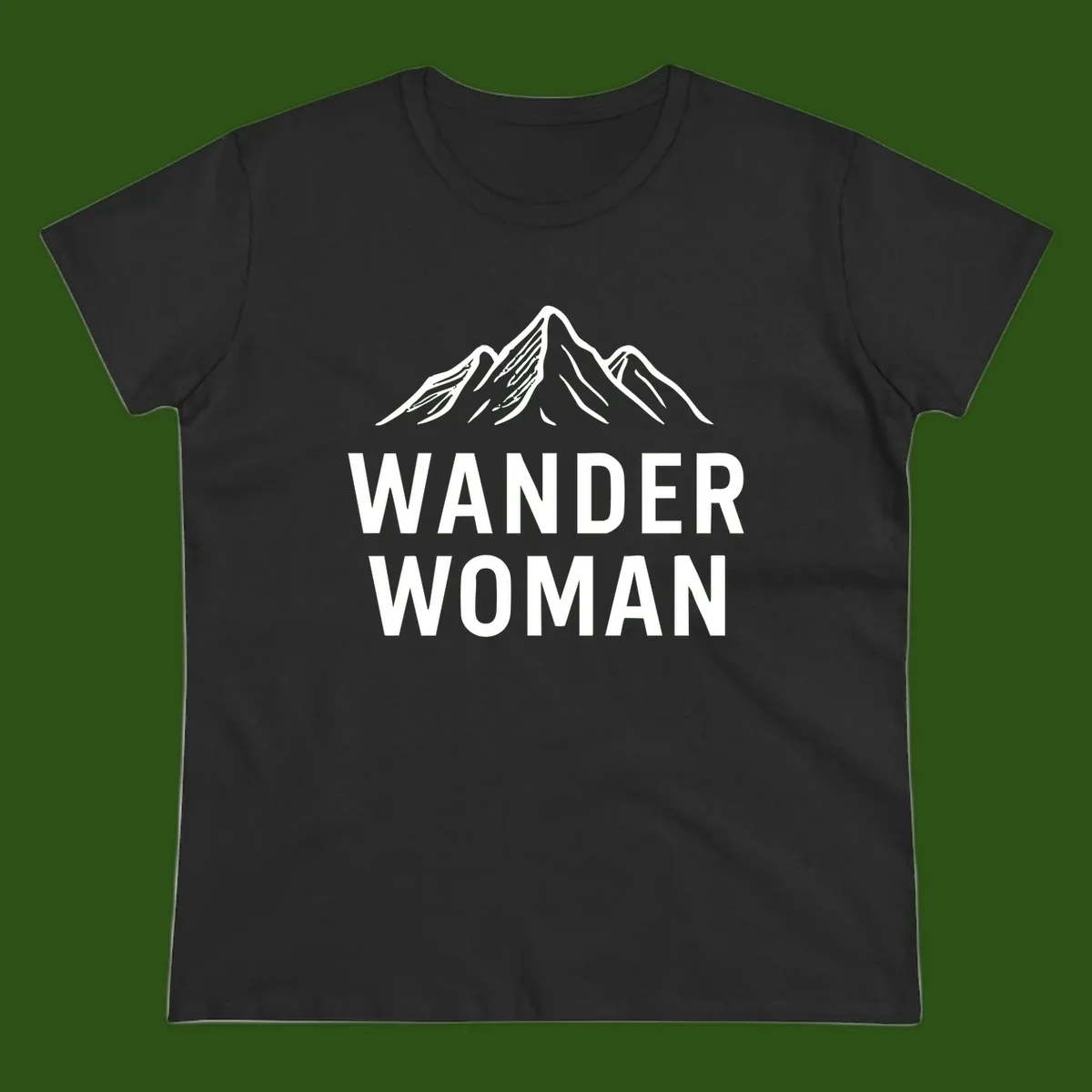 Wander woman mountain design featuring minimalist snow-capped peaks in white line art on gray background