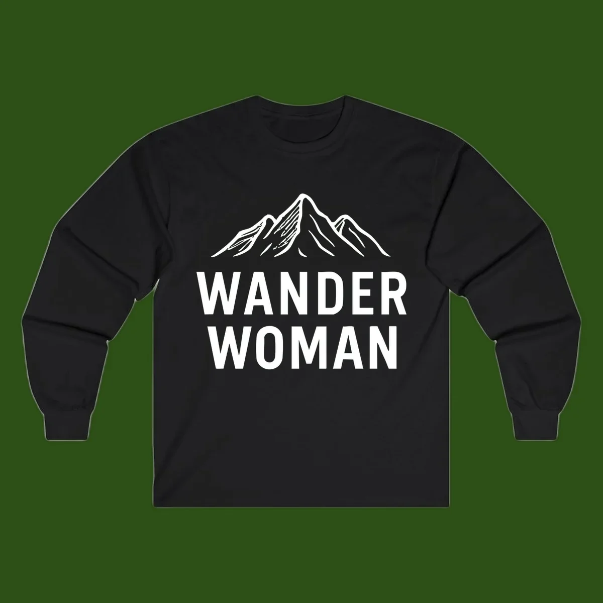 Wander woman mountain design featuring minimalist snow-capped peaks in white line art on gray background