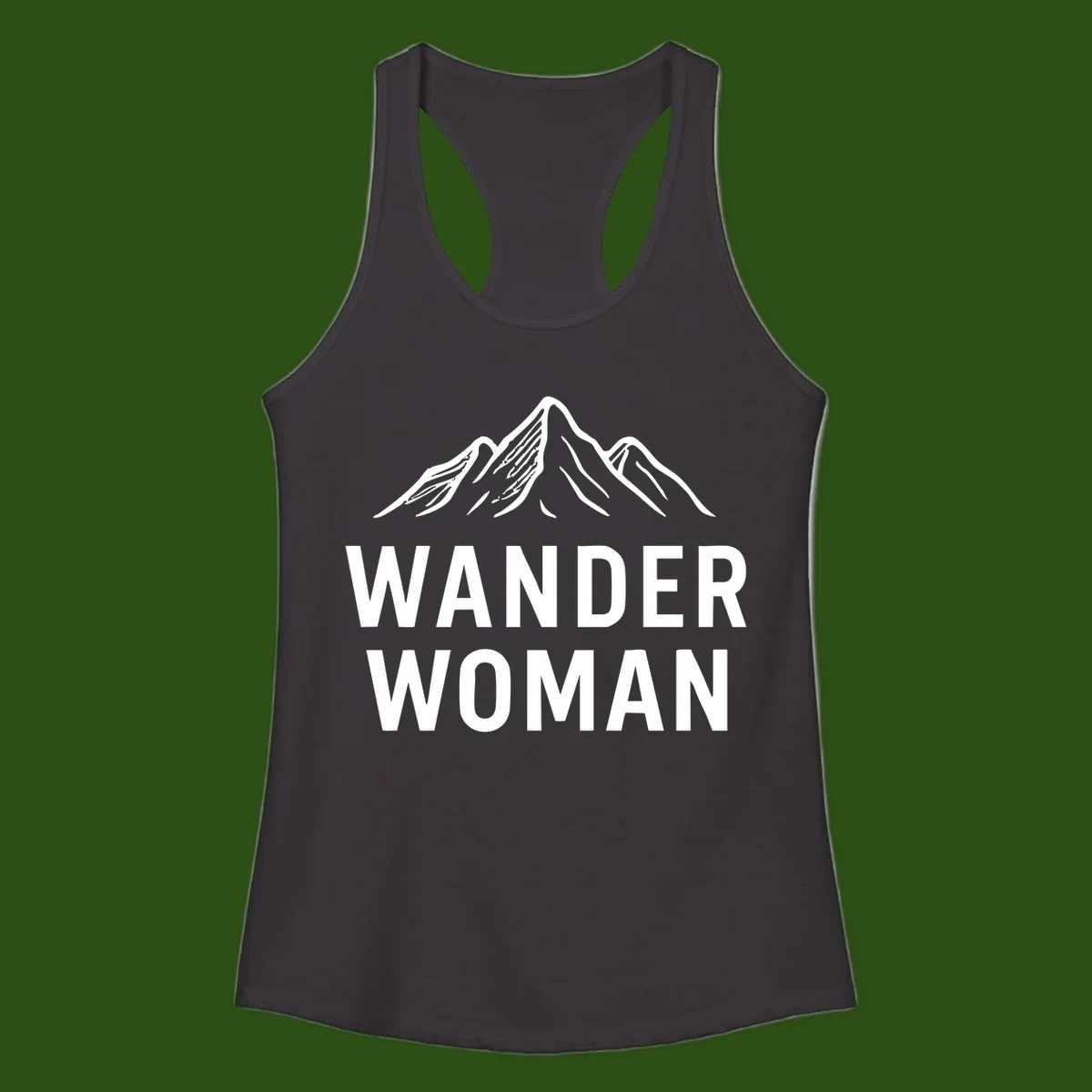 Wander woman mountain design featuring minimalist snow-capped peaks in white line art on gray background