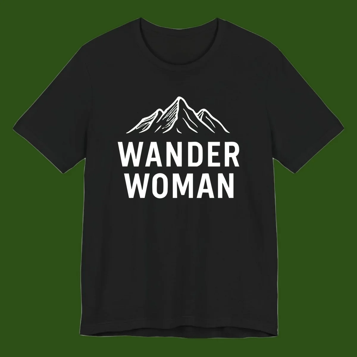 Wander woman mountain design featuring minimalist snow-capped peaks in white line art on gray background