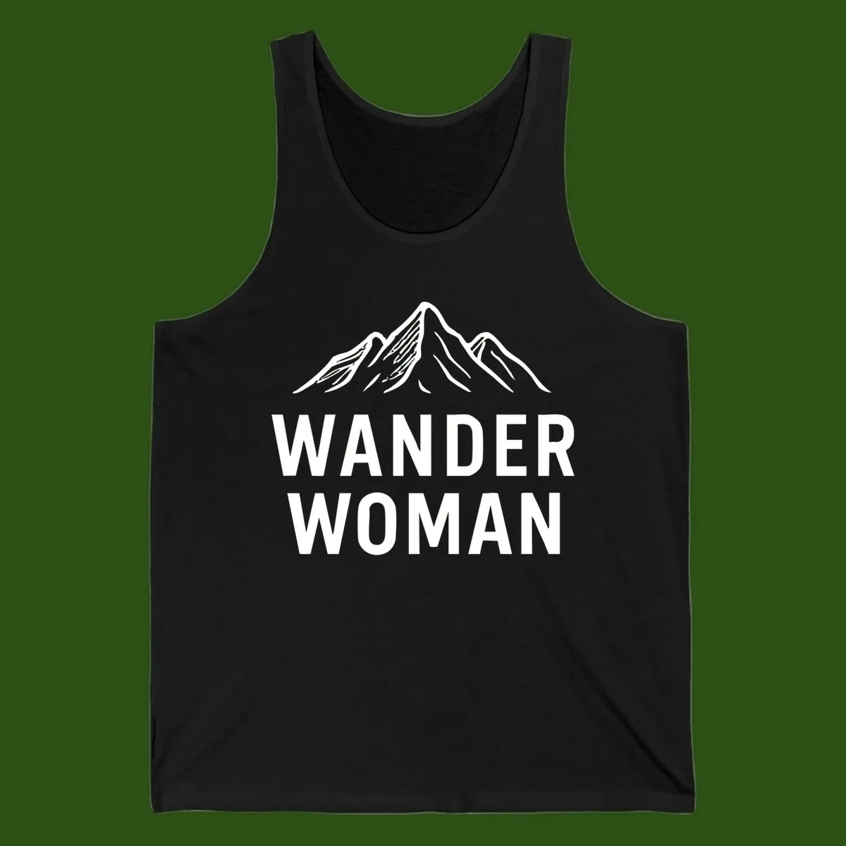 Wander woman mountain design featuring minimalist snow-capped peaks in white line art on gray background