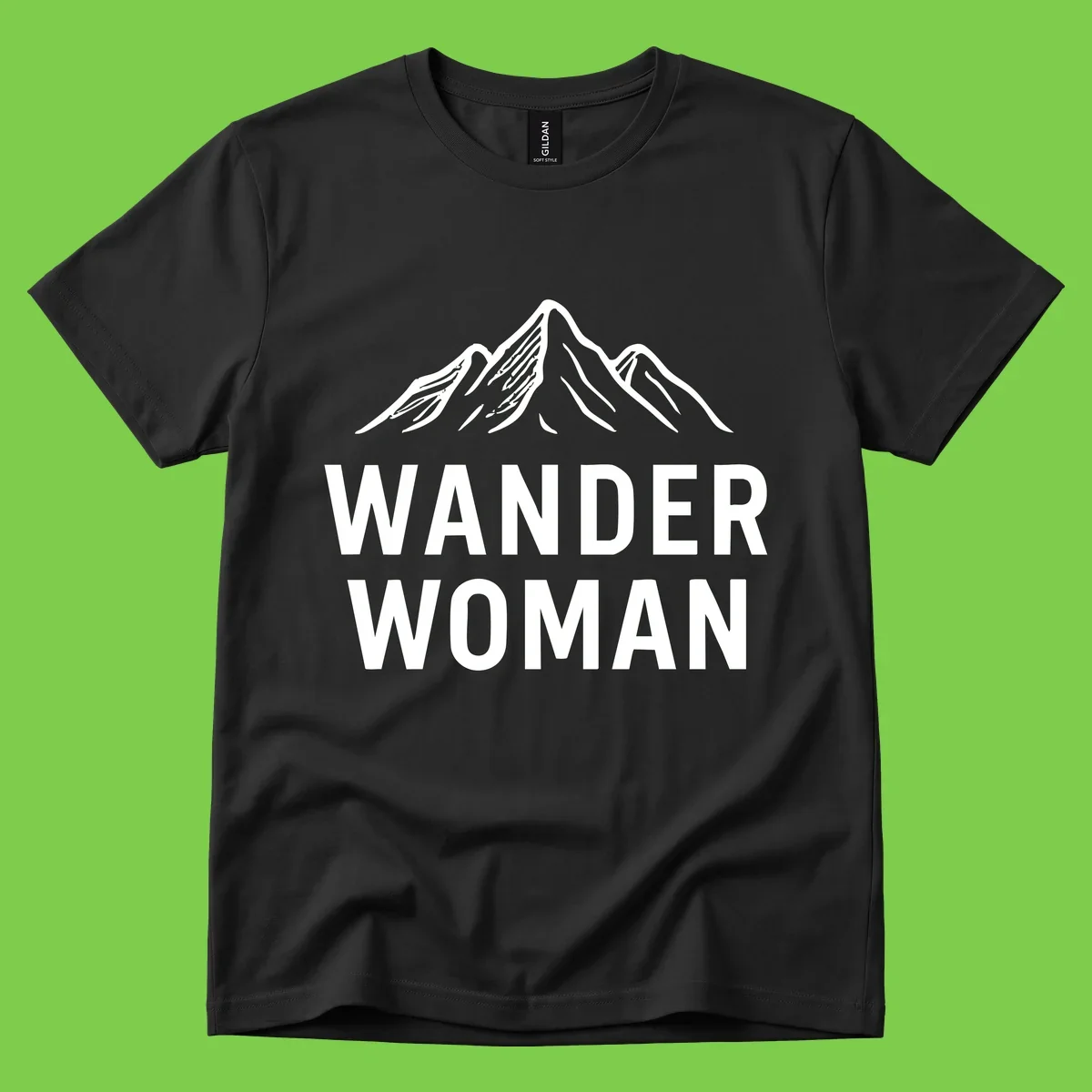 Wander woman mountain design featuring minimalist snow-capped peaks in white line art on gray background