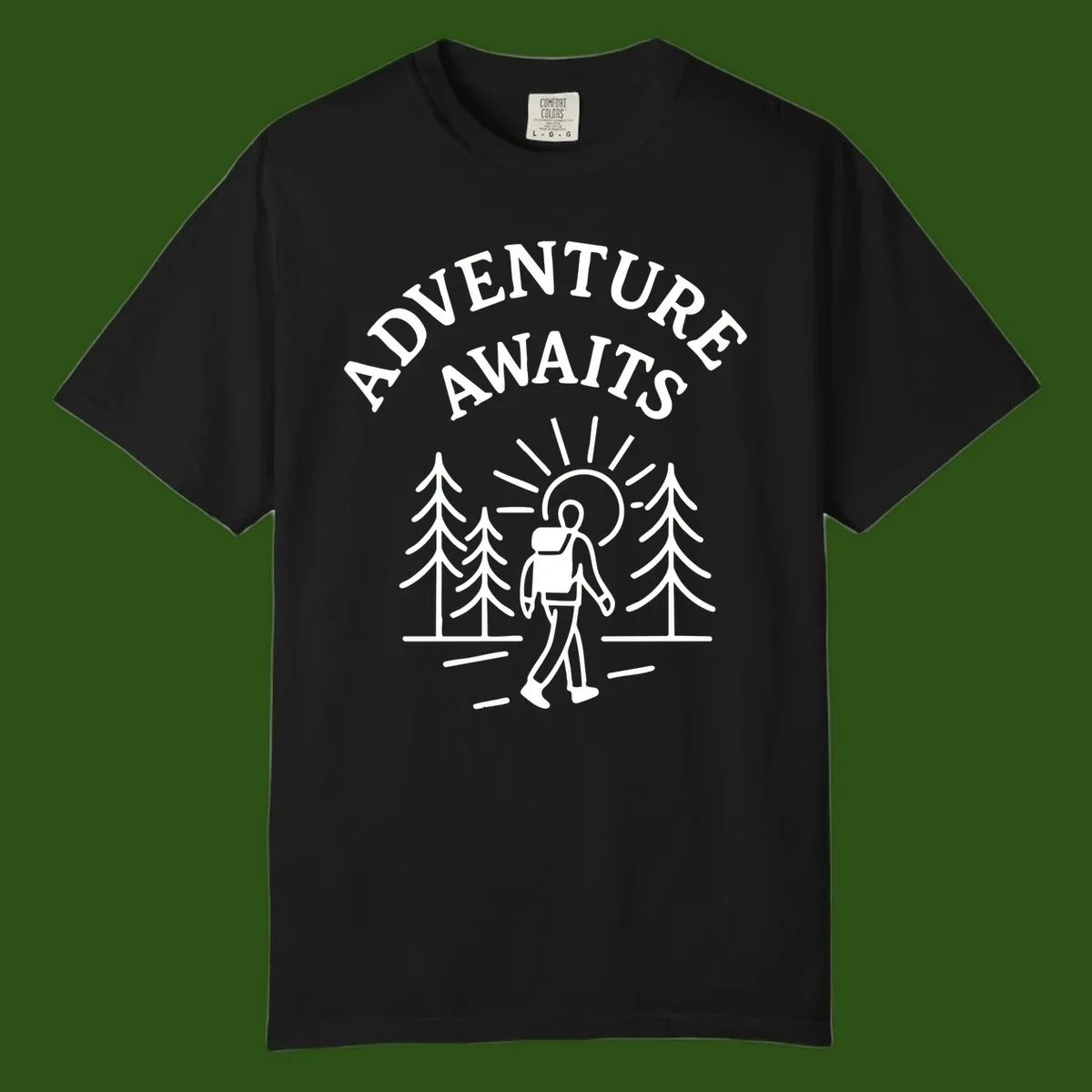 Minimalist line art of a hiker with backpack walking on a forest trail toward rising sun, with evergreen trees and 'Adventure Awaits' text.