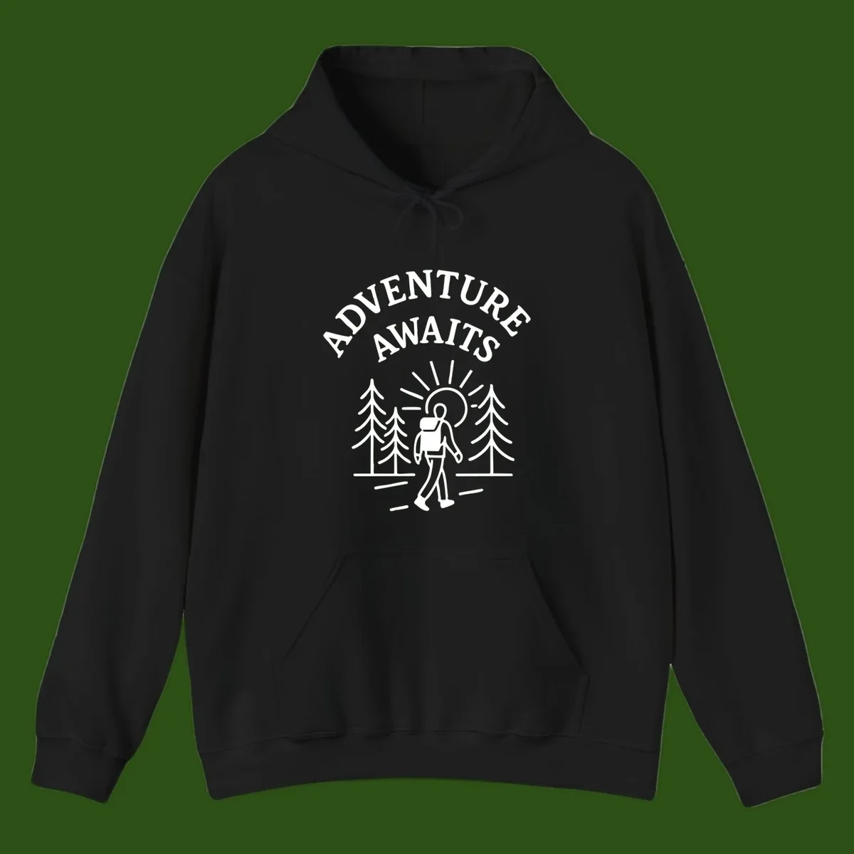 Minimalist line art of a hiker with backpack walking on a forest trail toward rising sun, with evergreen trees and 'Adventure Awaits' text.