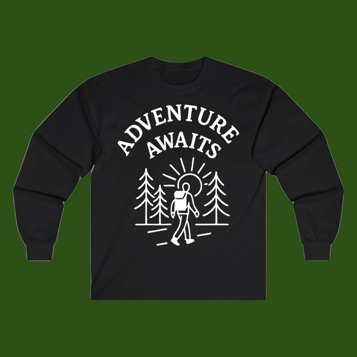 Minimalist line art of a hiker with backpack walking on a forest trail toward rising sun, with evergreen trees and 'Adventure Awaits' text.