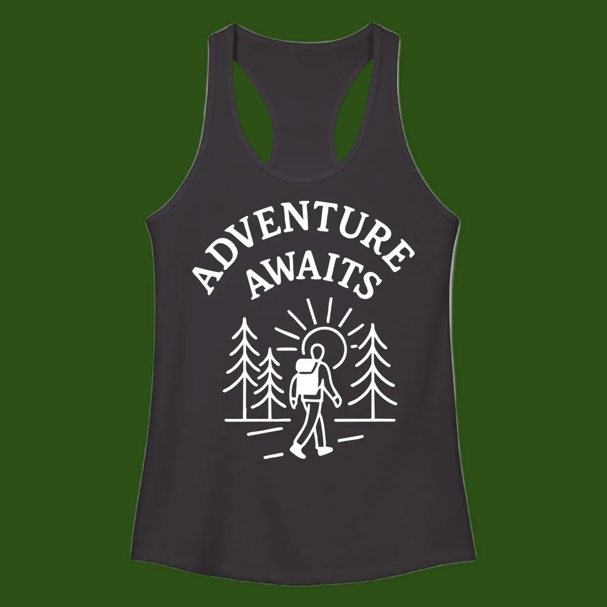 Minimalist line art of a hiker with backpack walking on a forest trail toward rising sun, with evergreen trees and 'Adventure Awaits' text.