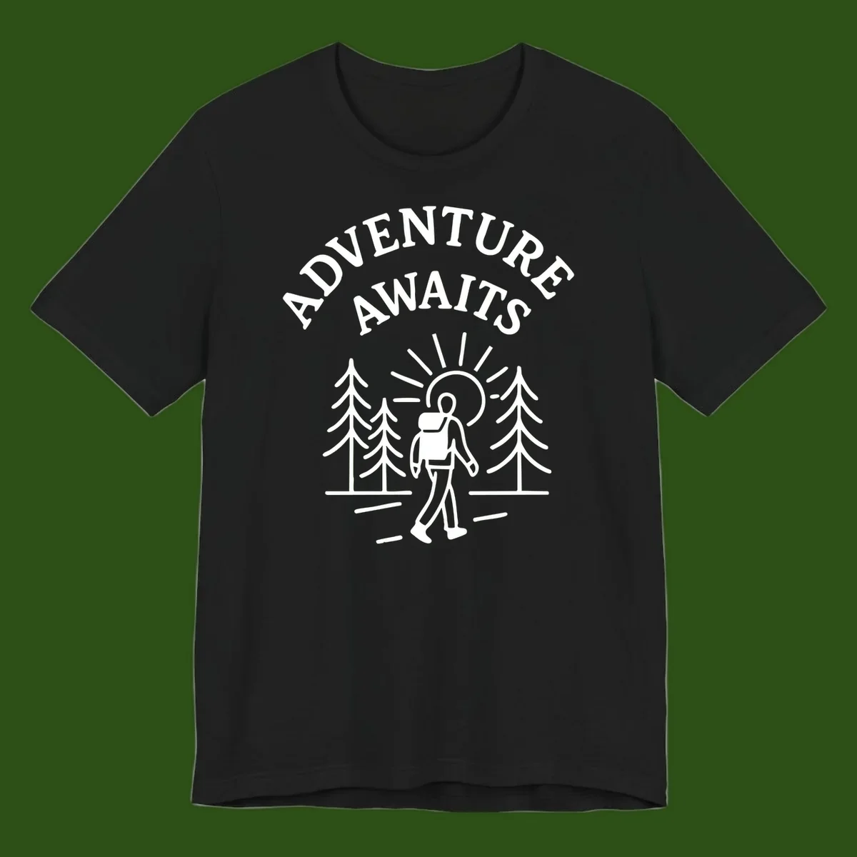 Minimalist line art of a hiker with backpack walking on a forest trail toward rising sun, with evergreen trees and 'Adventure Awaits' text.