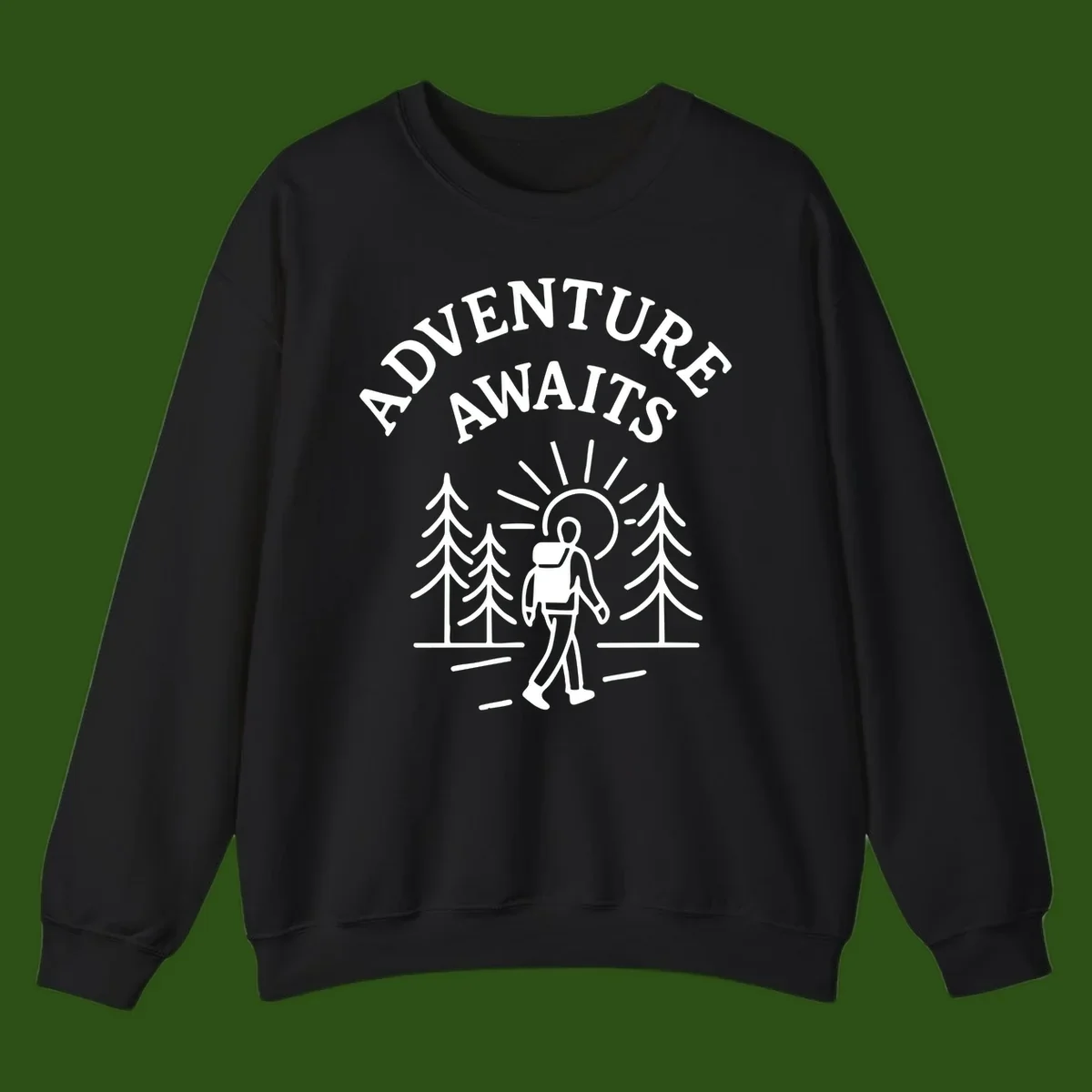 Minimalist line art of a hiker with backpack walking on a forest trail toward rising sun, with evergreen trees and 'Adventure Awaits' text.