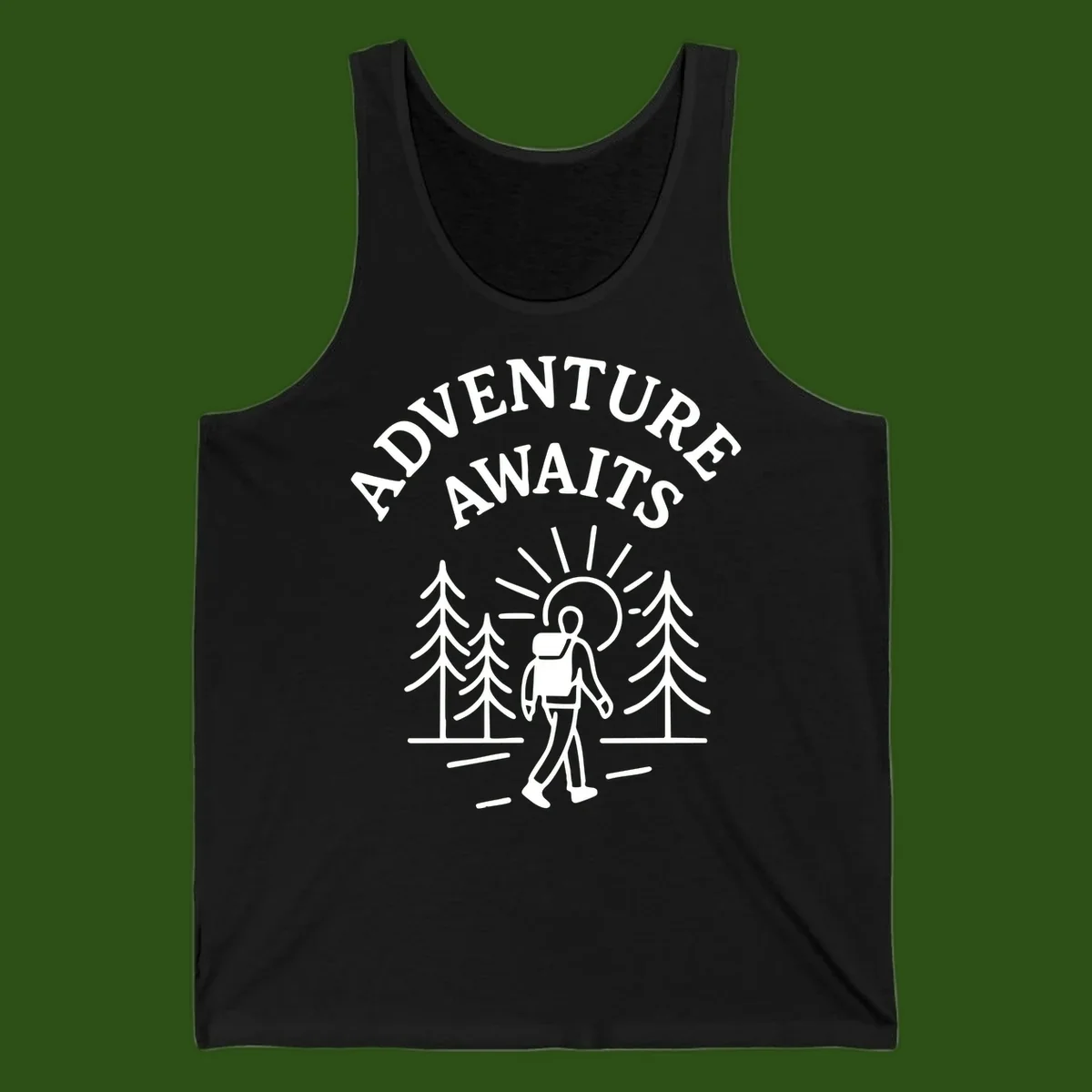 Minimalist line art of a hiker with backpack walking on a forest trail toward rising sun, with evergreen trees and 'Adventure Awaits' text.