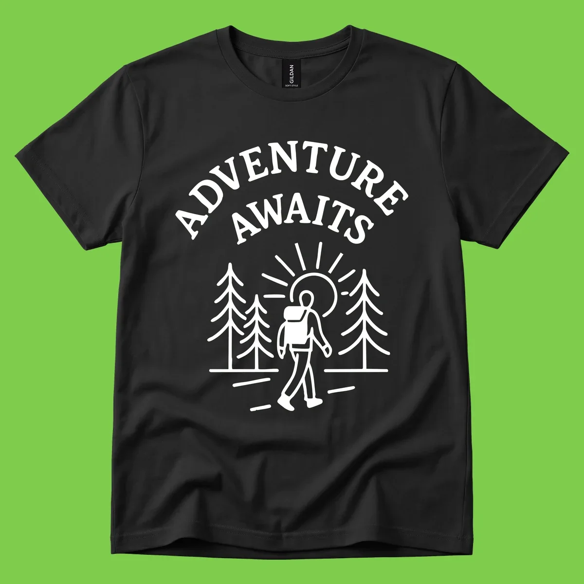 Minimalist line art of a hiker with backpack walking on a forest trail toward rising sun, with evergreen trees and 'Adventure Awaits' text.