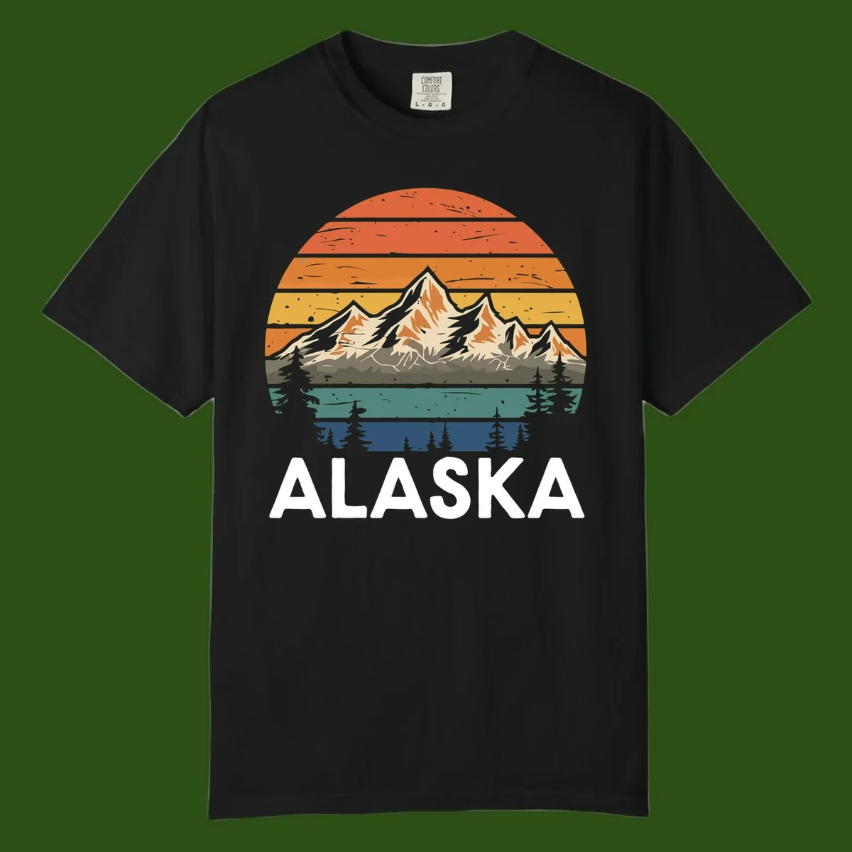Retro layered landscape illustration of snow-capped Alaska mountains against warm sunset sky with forest silhouettes and pine trees below