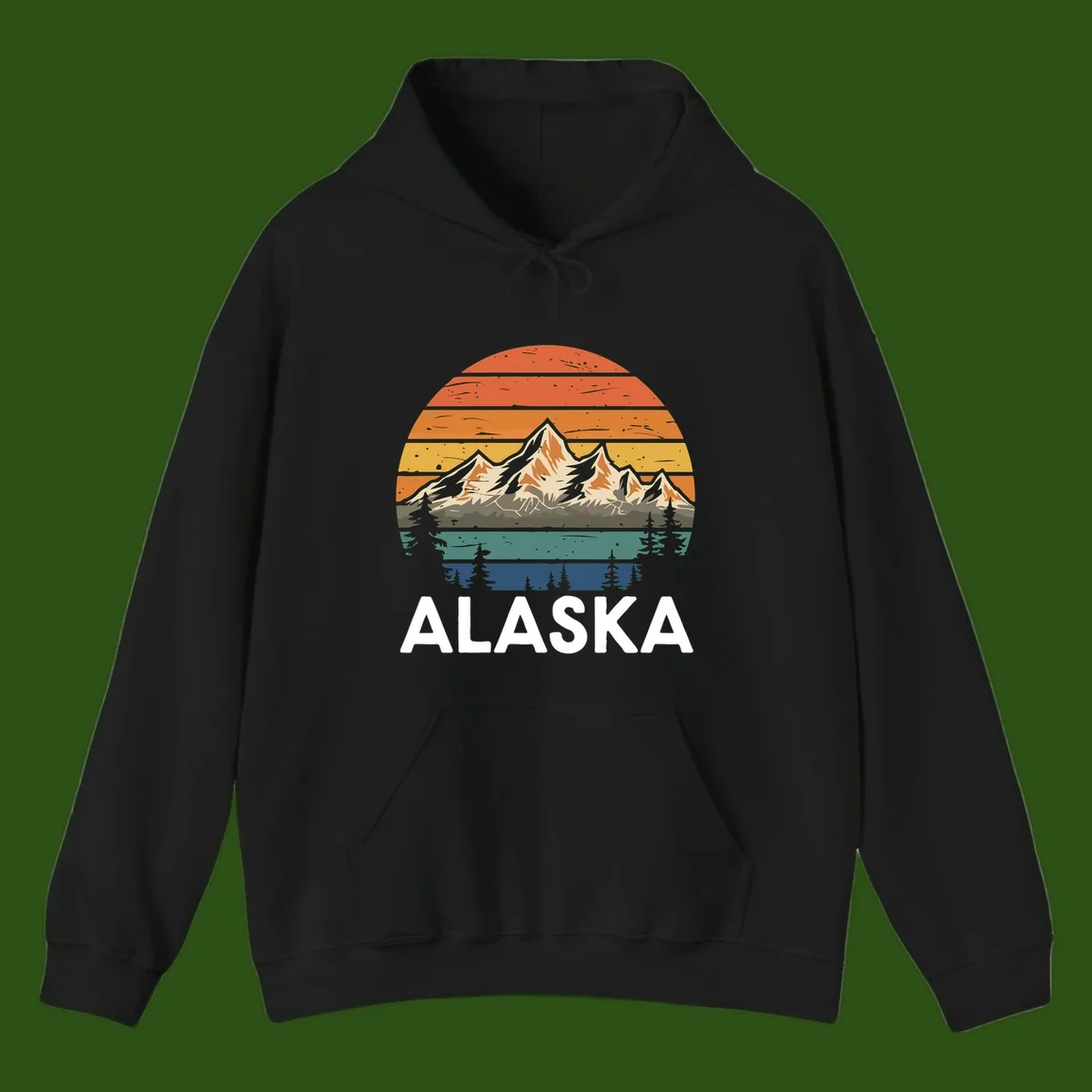Retro layered landscape illustration of snow-capped Alaska mountains against warm sunset sky with forest silhouettes and pine trees below