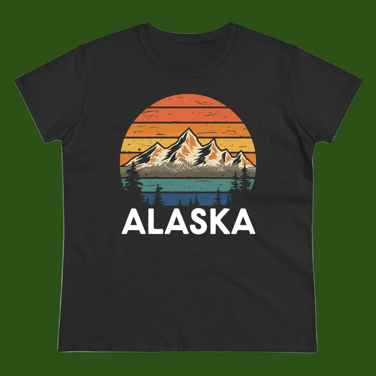 Retro layered landscape illustration of snow-capped Alaska mountains against warm sunset sky with forest silhouettes and pine trees below