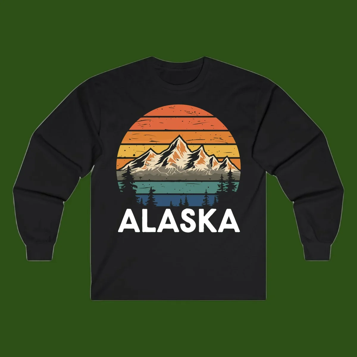 Retro layered landscape illustration of snow-capped Alaska mountains against warm sunset sky with forest silhouettes and pine trees below