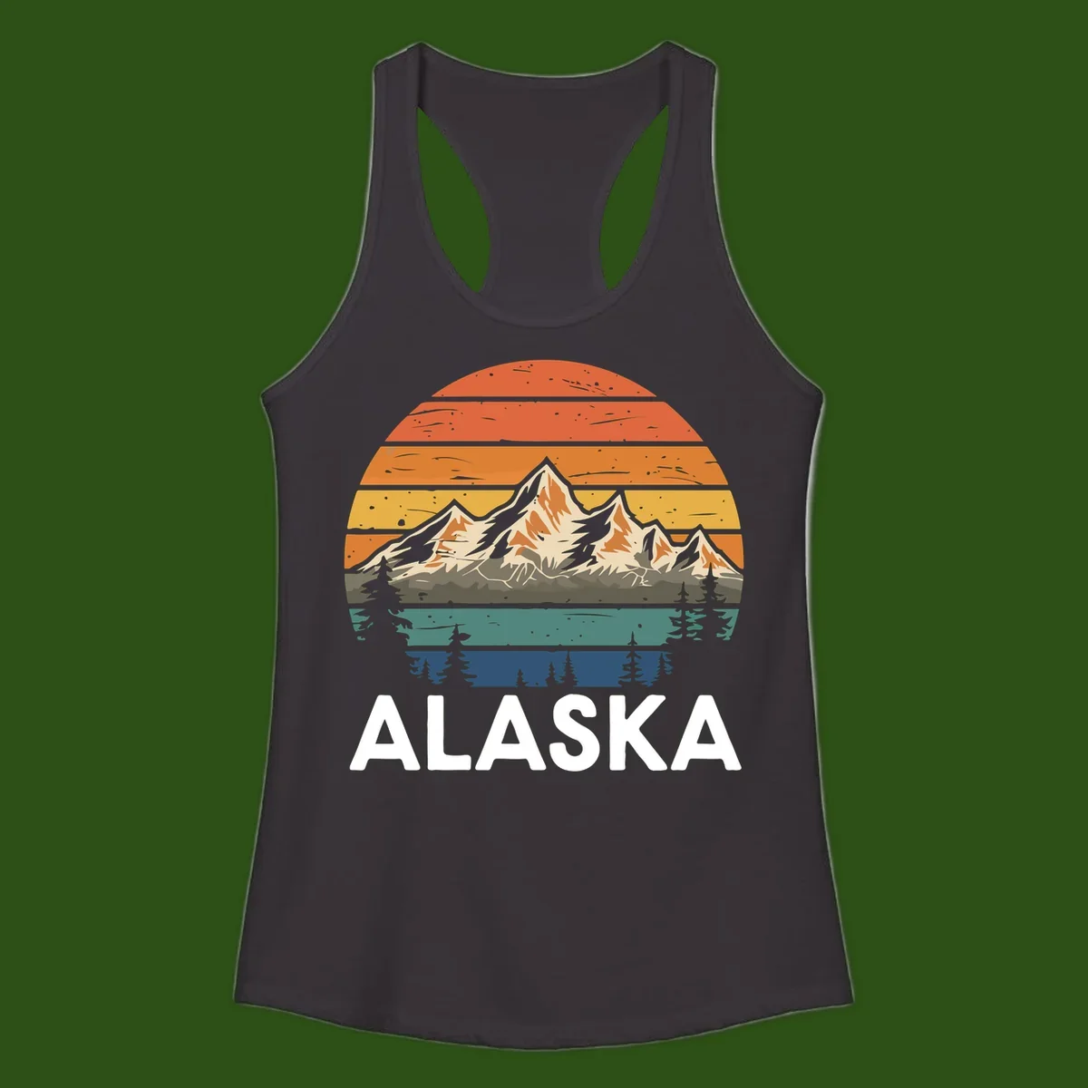 Retro layered landscape illustration of snow-capped Alaska mountains against warm sunset sky with forest silhouettes and pine trees below