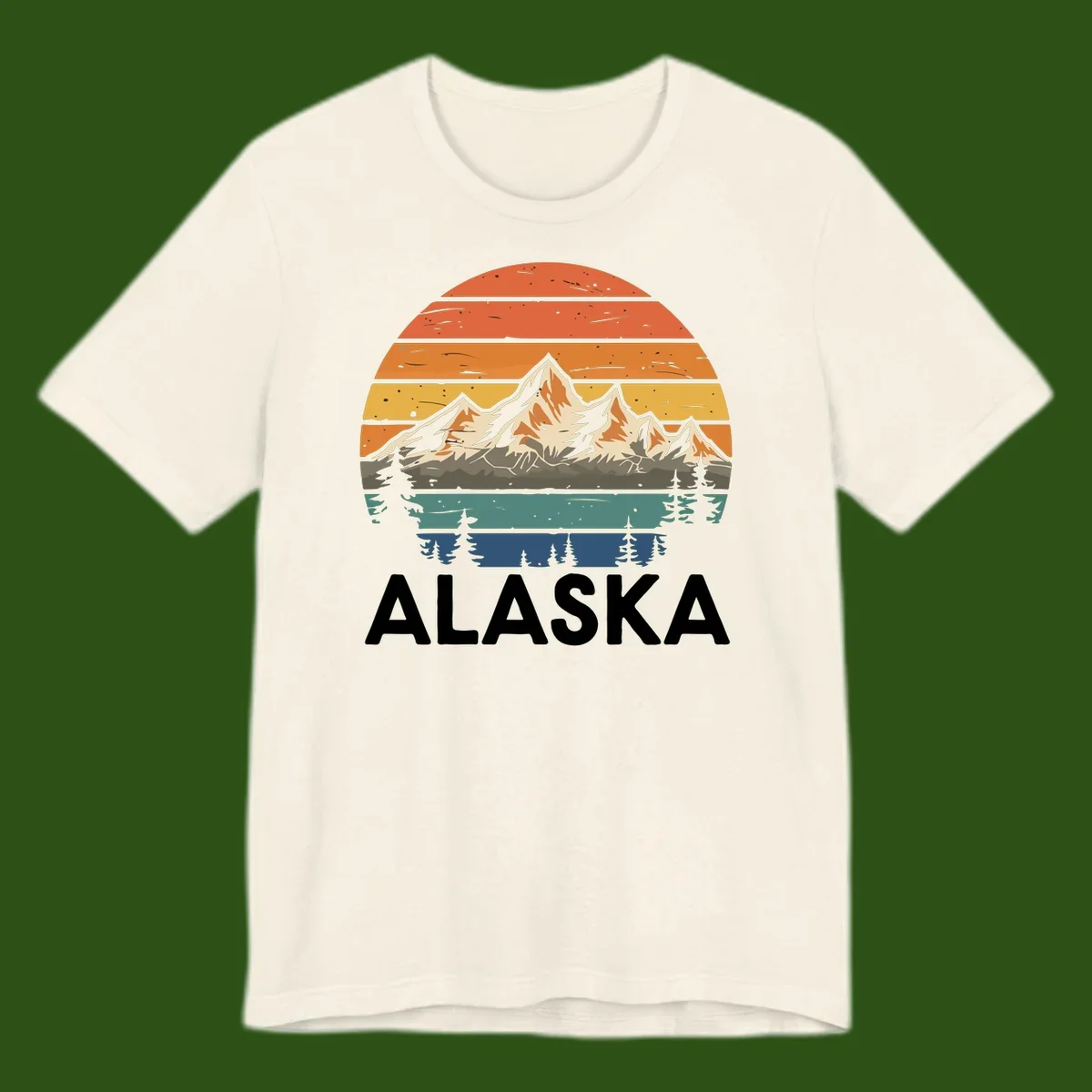 Retro layered landscape illustration of snow-capped Alaska mountains against warm sunset sky with forest silhouettes and pine trees below