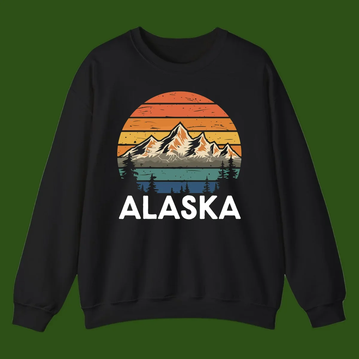 Retro layered landscape illustration of snow-capped Alaska mountains against warm sunset sky with forest silhouettes and pine trees below