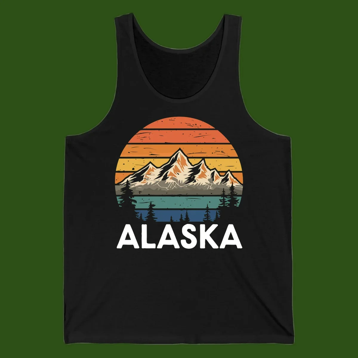 Retro layered landscape illustration of snow-capped Alaska mountains against warm sunset sky with forest silhouettes and pine trees below