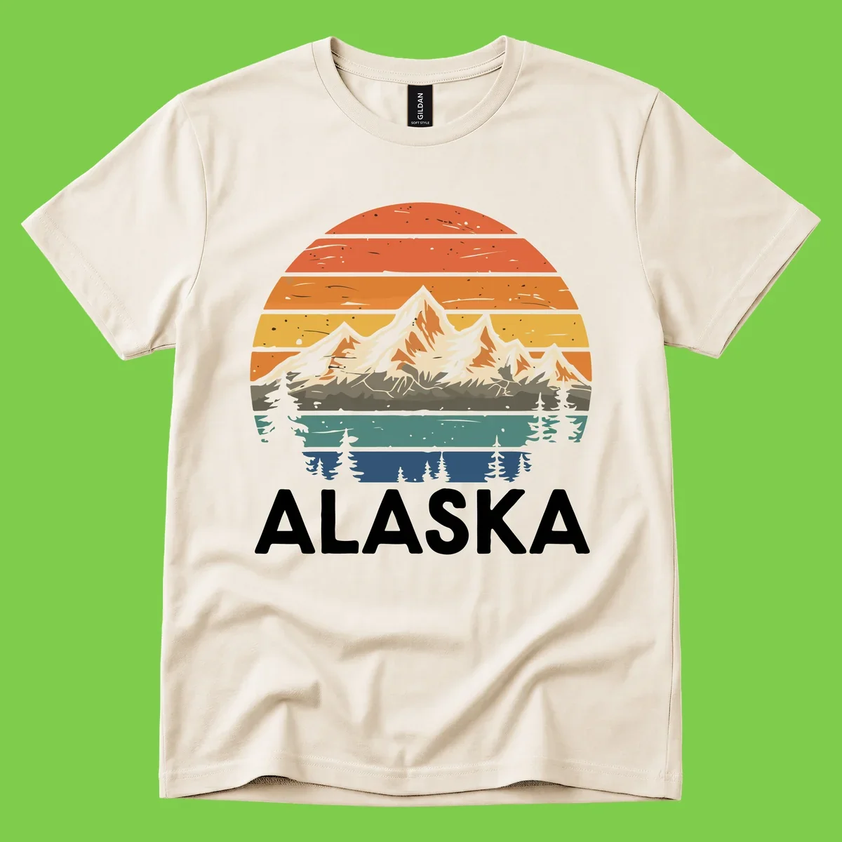 Retro layered landscape illustration of snow-capped Alaska mountains against warm sunset sky with forest silhouettes and pine trees below