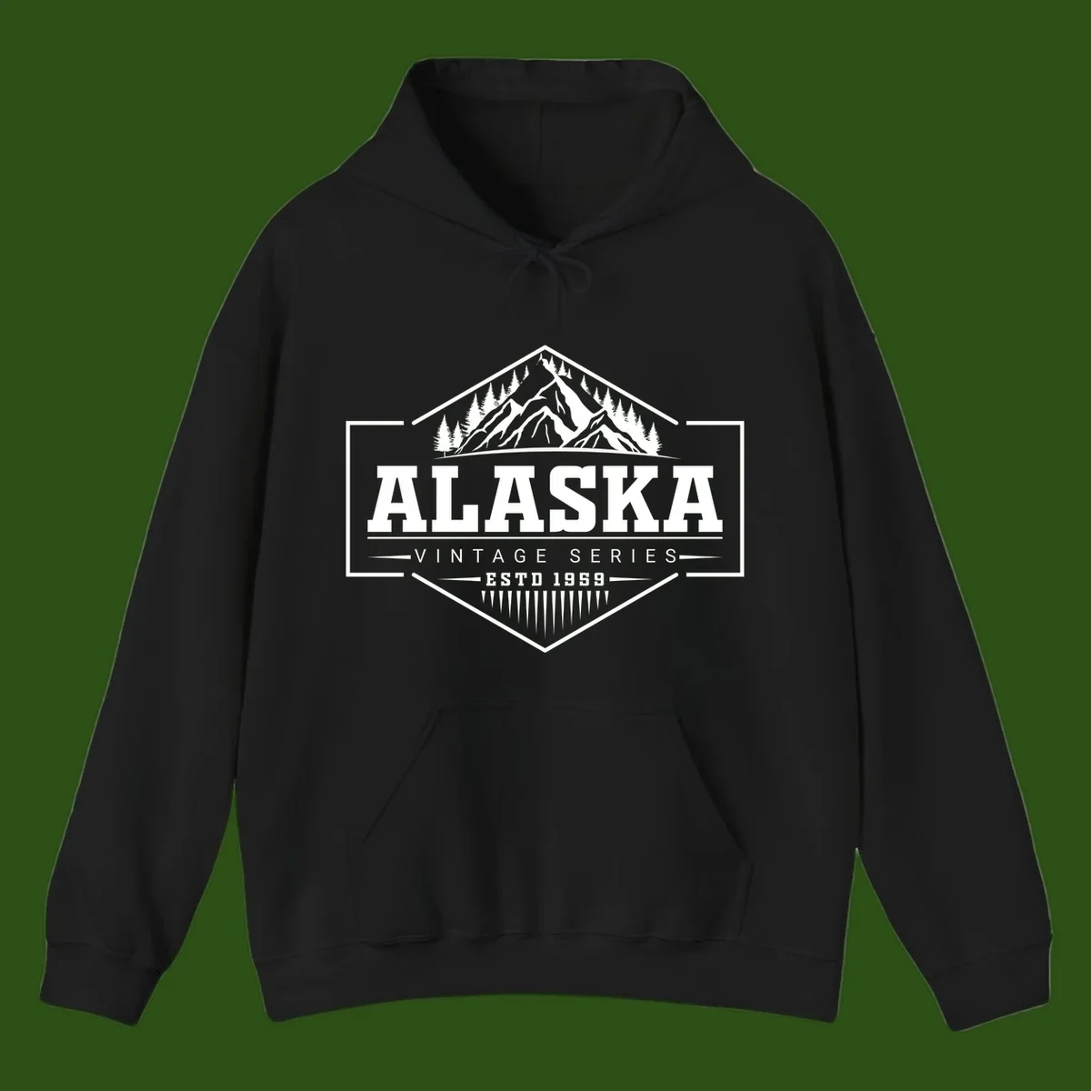 Alaska vintage mountain badge design with snow peaks, evergreen trees, and retro hexagonal patch styling