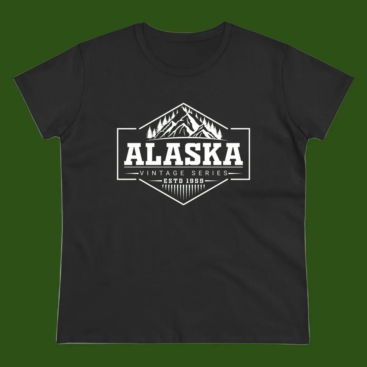 Alaska vintage mountain badge design with snow peaks, evergreen trees, and retro hexagonal patch styling