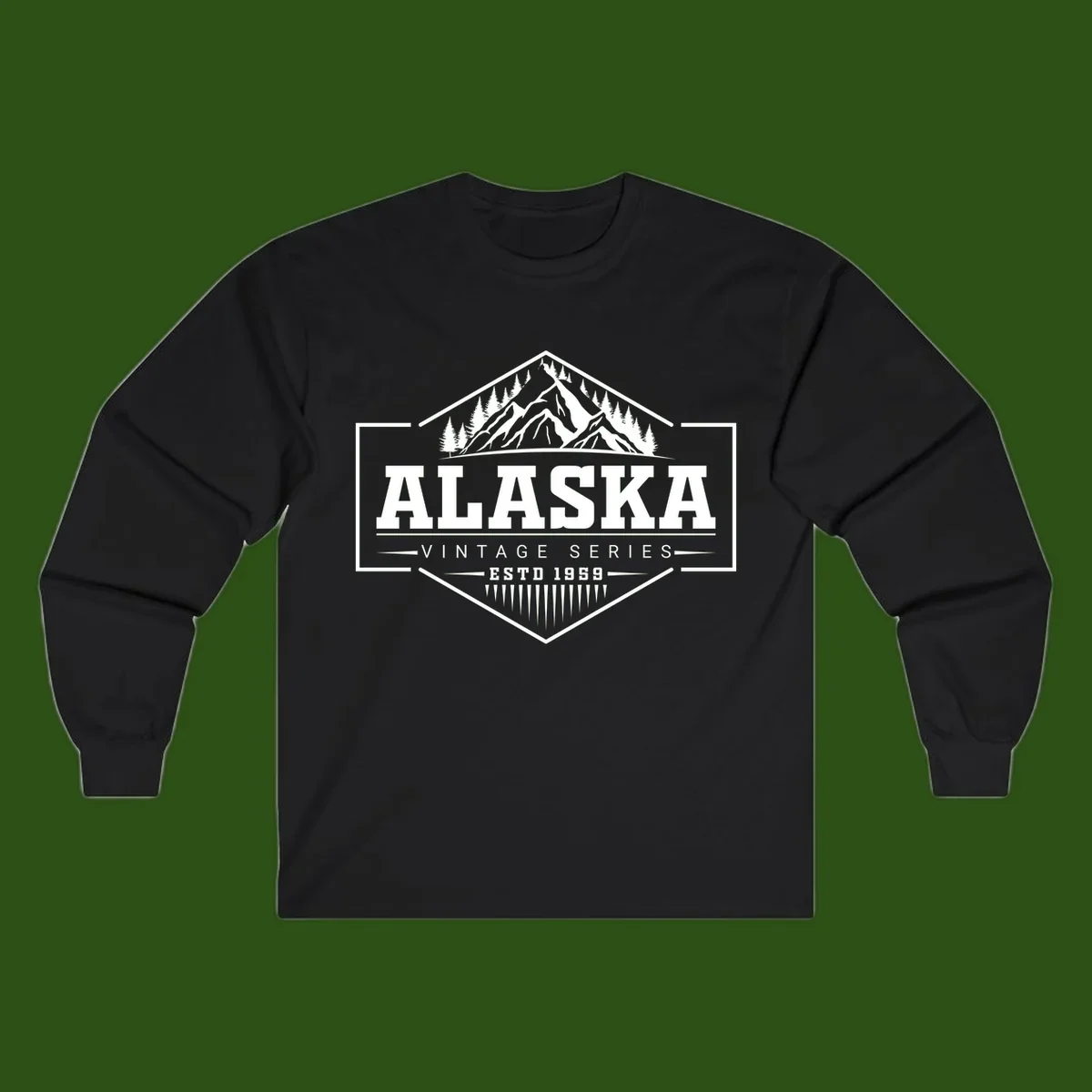 Alaska vintage mountain badge design with snow peaks, evergreen trees, and retro hexagonal patch styling