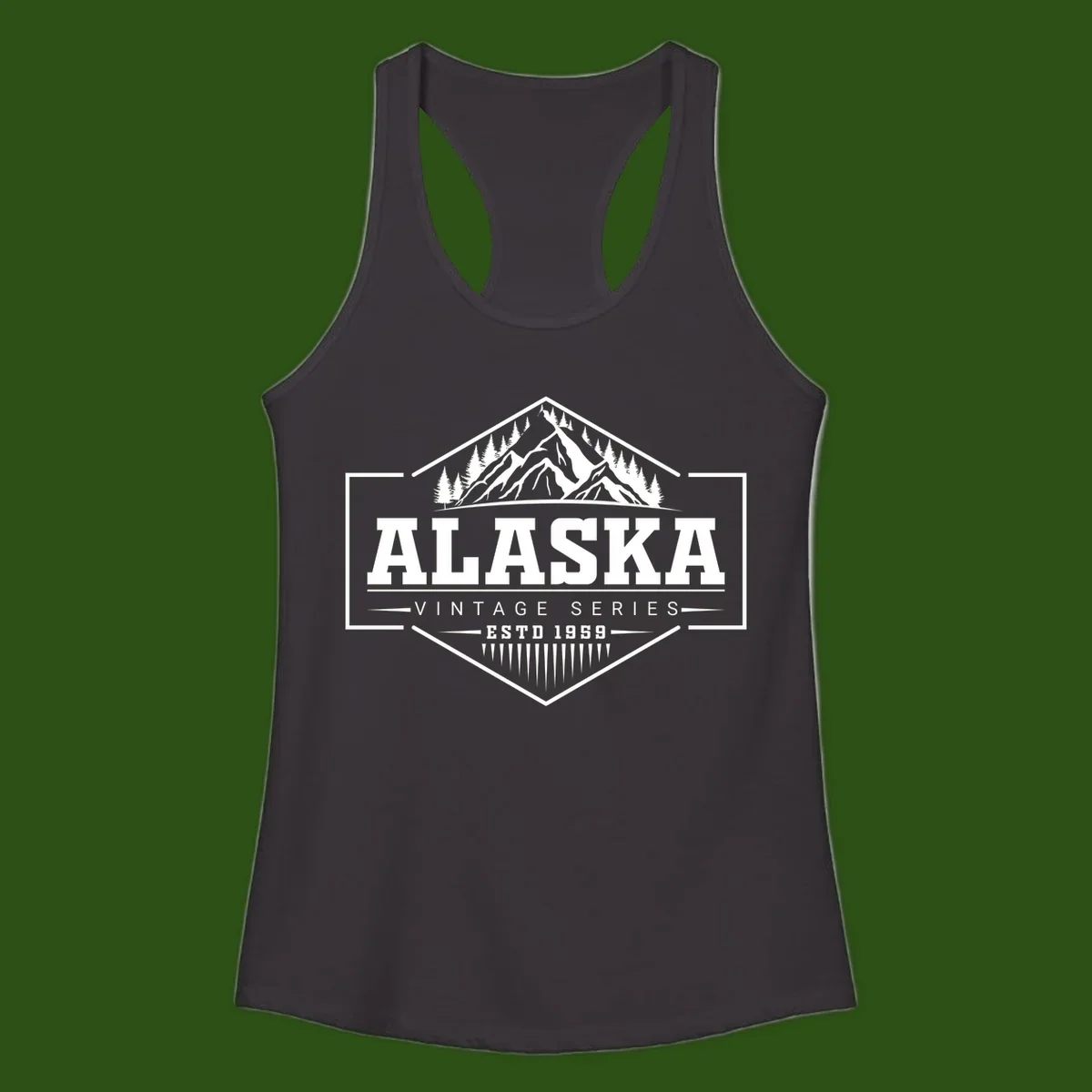 Alaska vintage mountain badge design with snow peaks, evergreen trees, and retro hexagonal patch styling