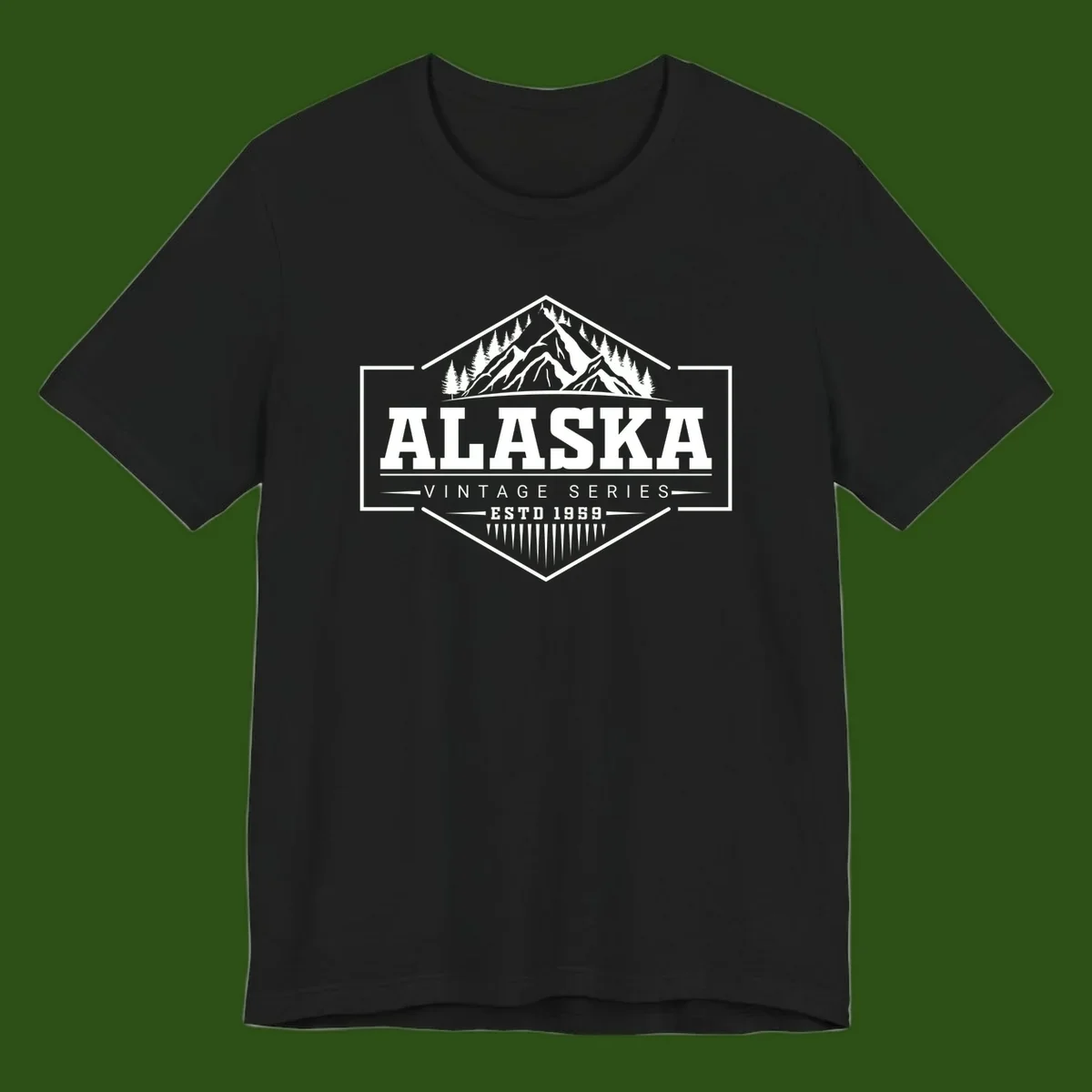 Alaska vintage mountain badge design with snow peaks, evergreen trees, and retro hexagonal patch styling
