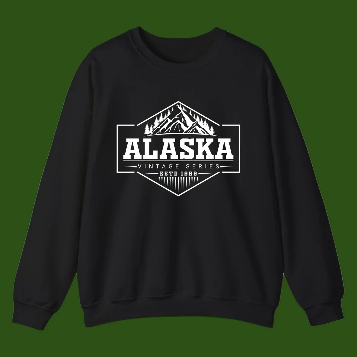 Alaska vintage mountain badge design with snow peaks, evergreen trees, and retro hexagonal patch styling