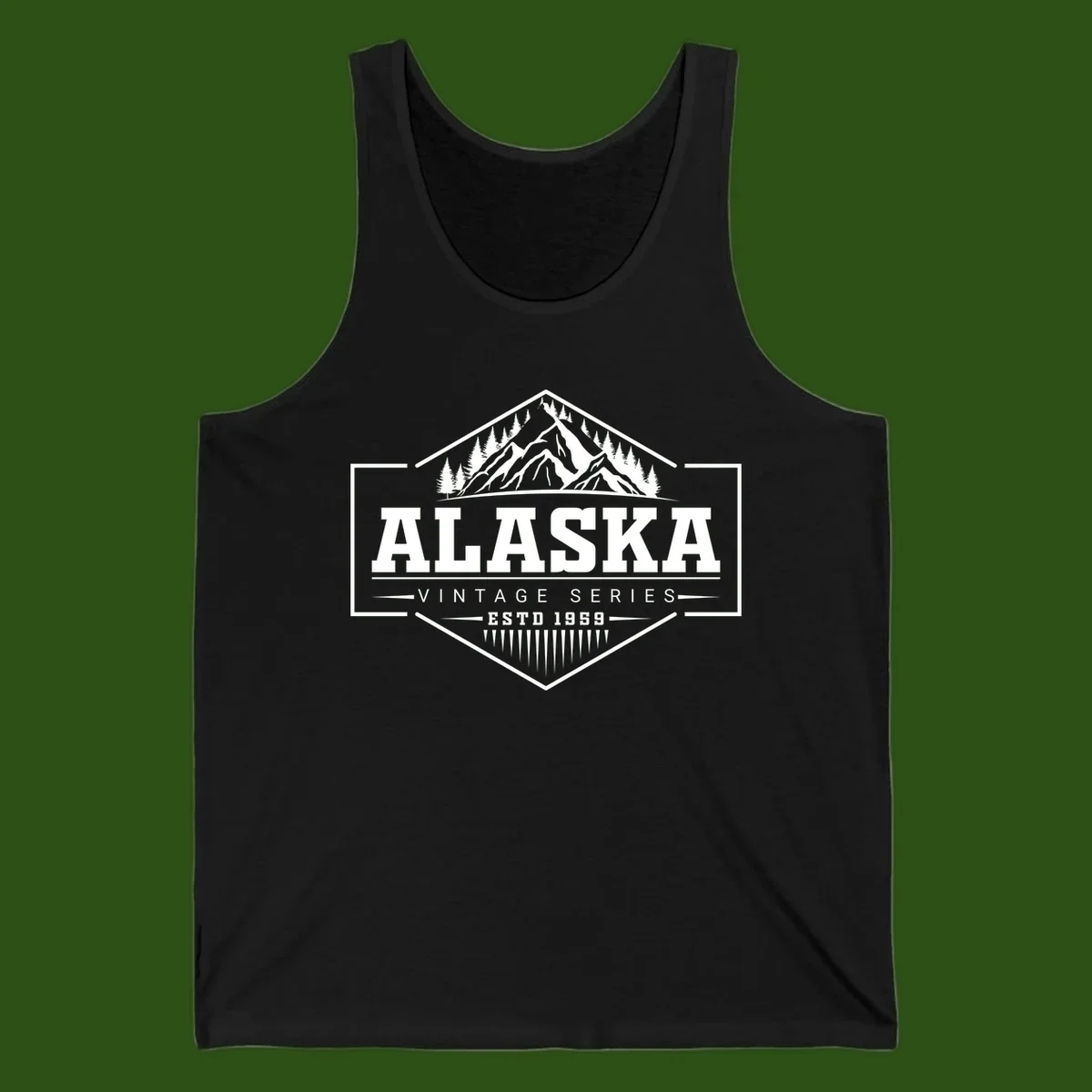 Alaska vintage mountain badge design with snow peaks, evergreen trees, and retro hexagonal patch styling