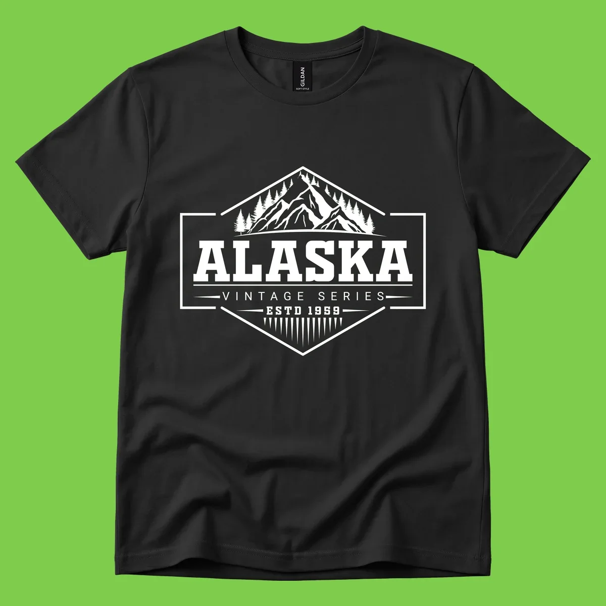 Alaska vintage mountain badge design with snow peaks, evergreen trees, and retro hexagonal patch styling