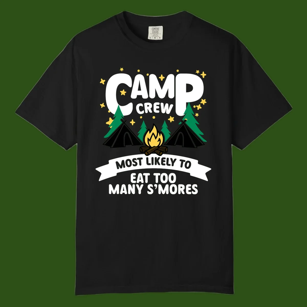 Camp crew s'mores superlative design with campfire, teepees, and stars on gray background