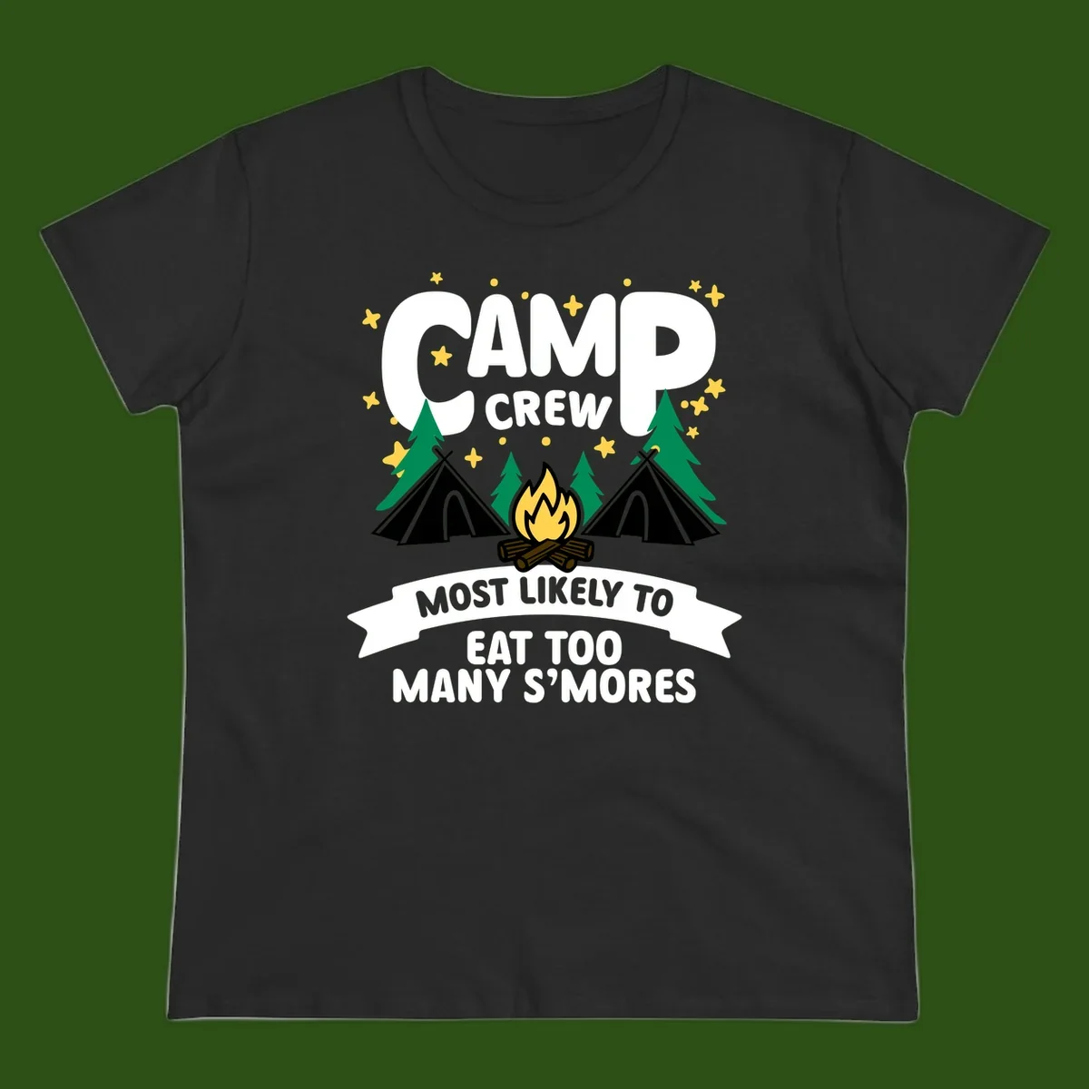 Camp crew s'mores superlative design with campfire, teepees, and stars on gray background