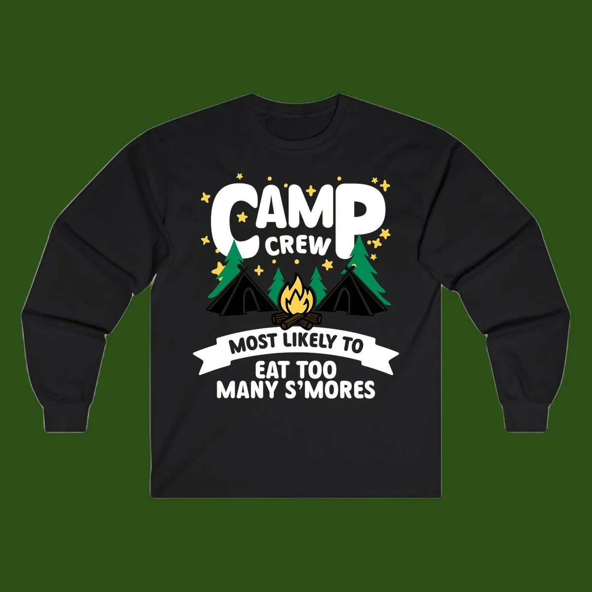 Camp crew s'mores superlative design with campfire, teepees, and stars on gray background